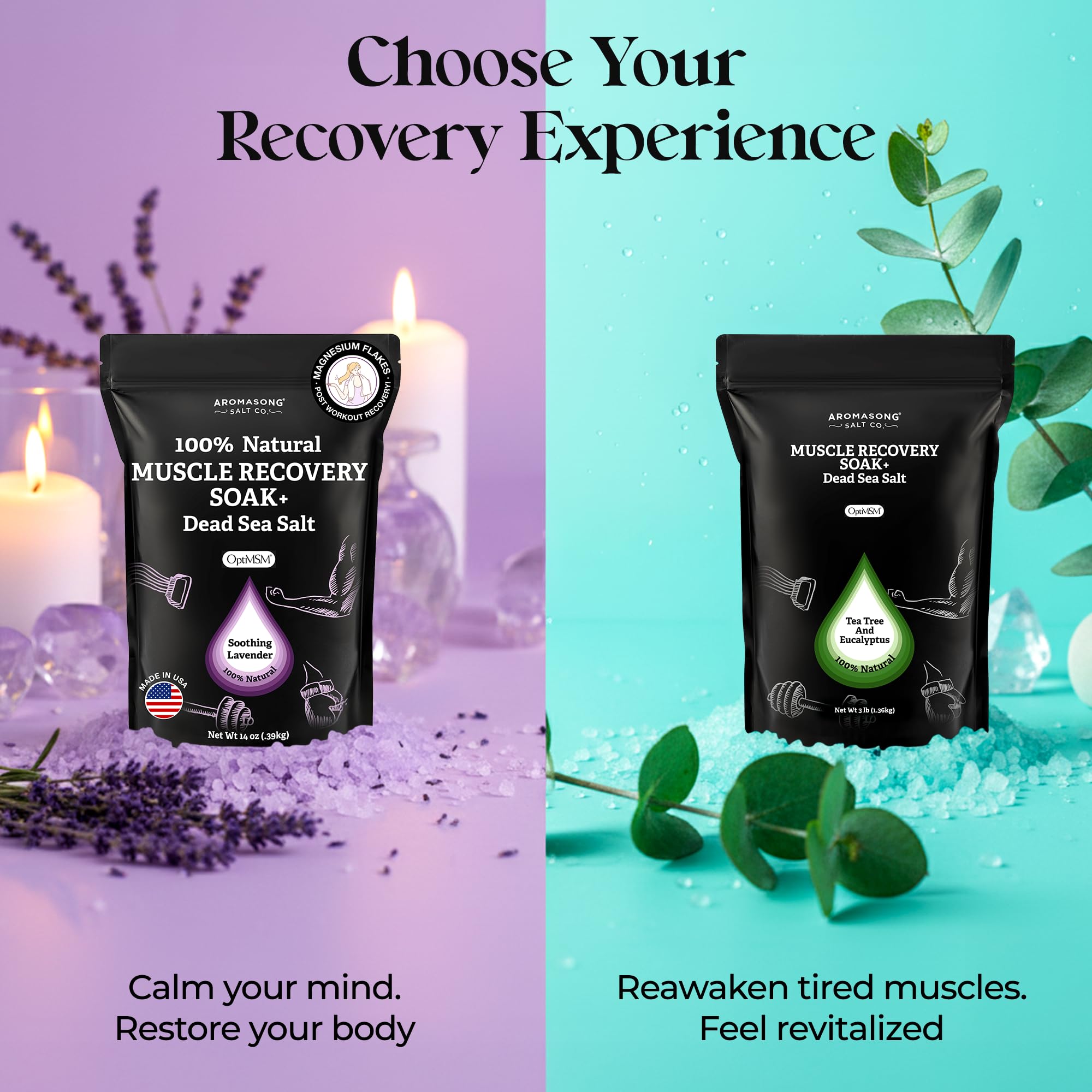 Aromasong Muscle Recovery Bath Soak for Muscle | Sore Muscle Soak with Dead Sea Salt, OptiMSM, Magnesium Flakes & Essential Oils | 3 Lb. - Made in USA.