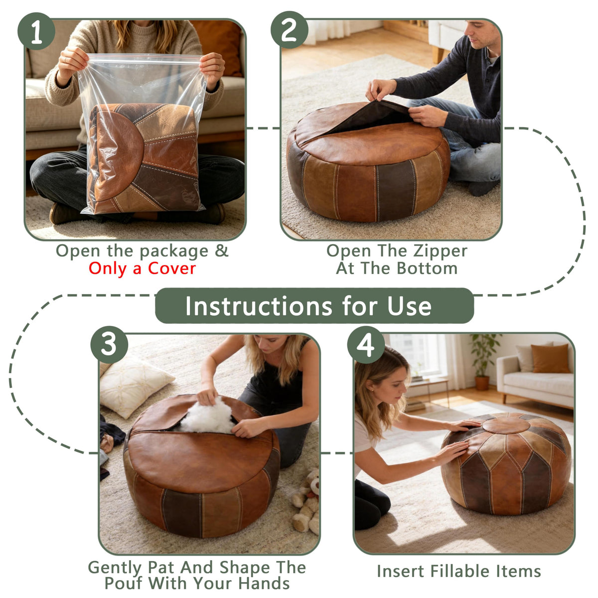 Thgonwid Round Unstuffed Pouf Cover Faux Leather Storage - Thgonwid Official Imagery - 7