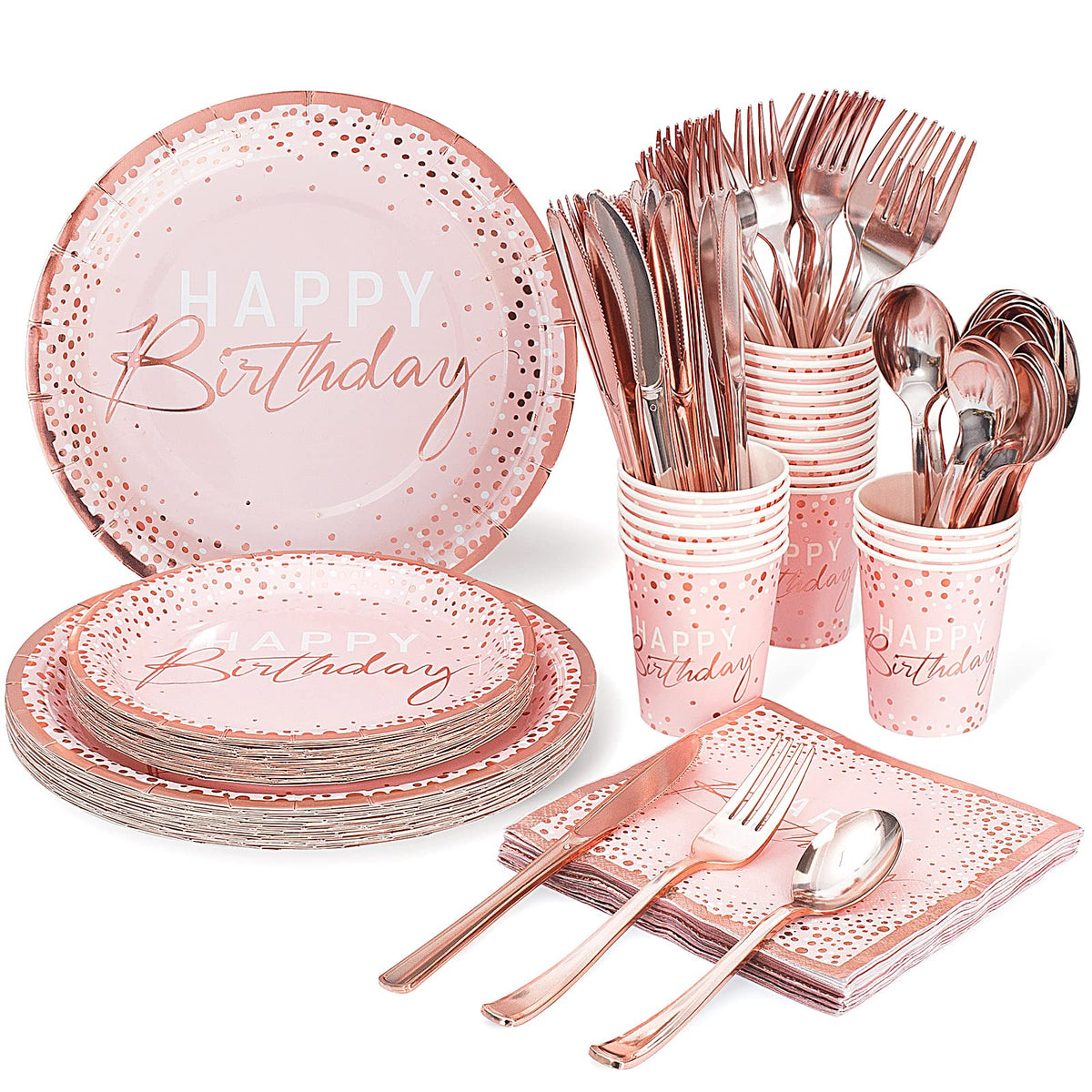 175PCS Pink and Rose Gold Birthday Paper Plates Dinnerware - Tyzarglef Official Imagery - 1