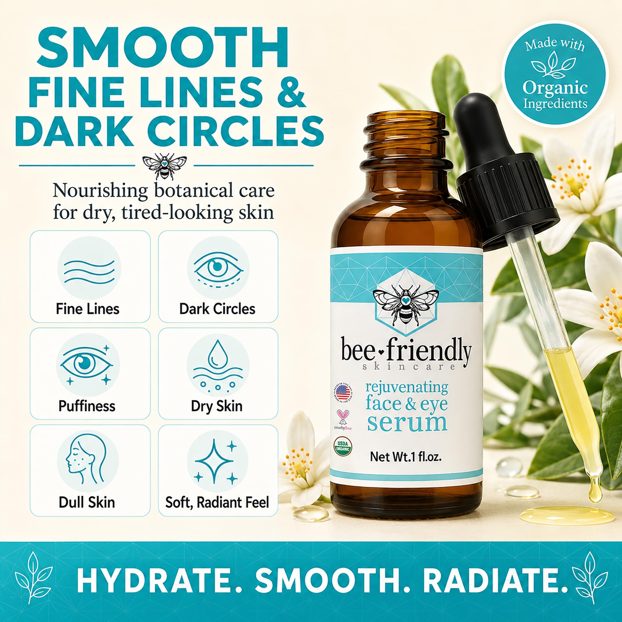 BeeFriendly® Organic Face & Eye Serum, Deep Hydration, Nourishes - BeeFriendly Official Product View 4