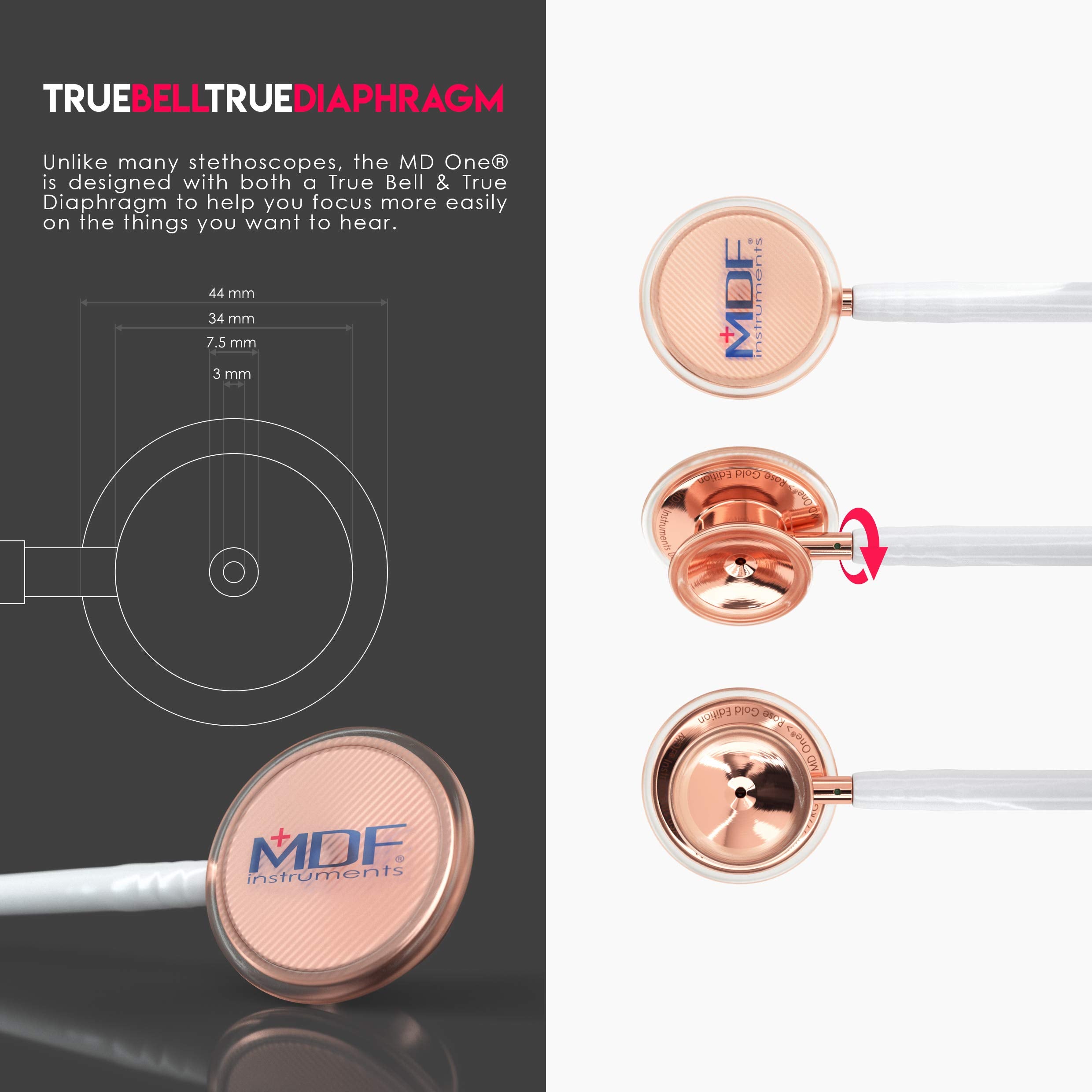 MDF Instruments, Rosegold MD One Stainless Steel Stethoscope, Adult, White Tube, Rosegold Chestpieces-Headset, MDF777RG29