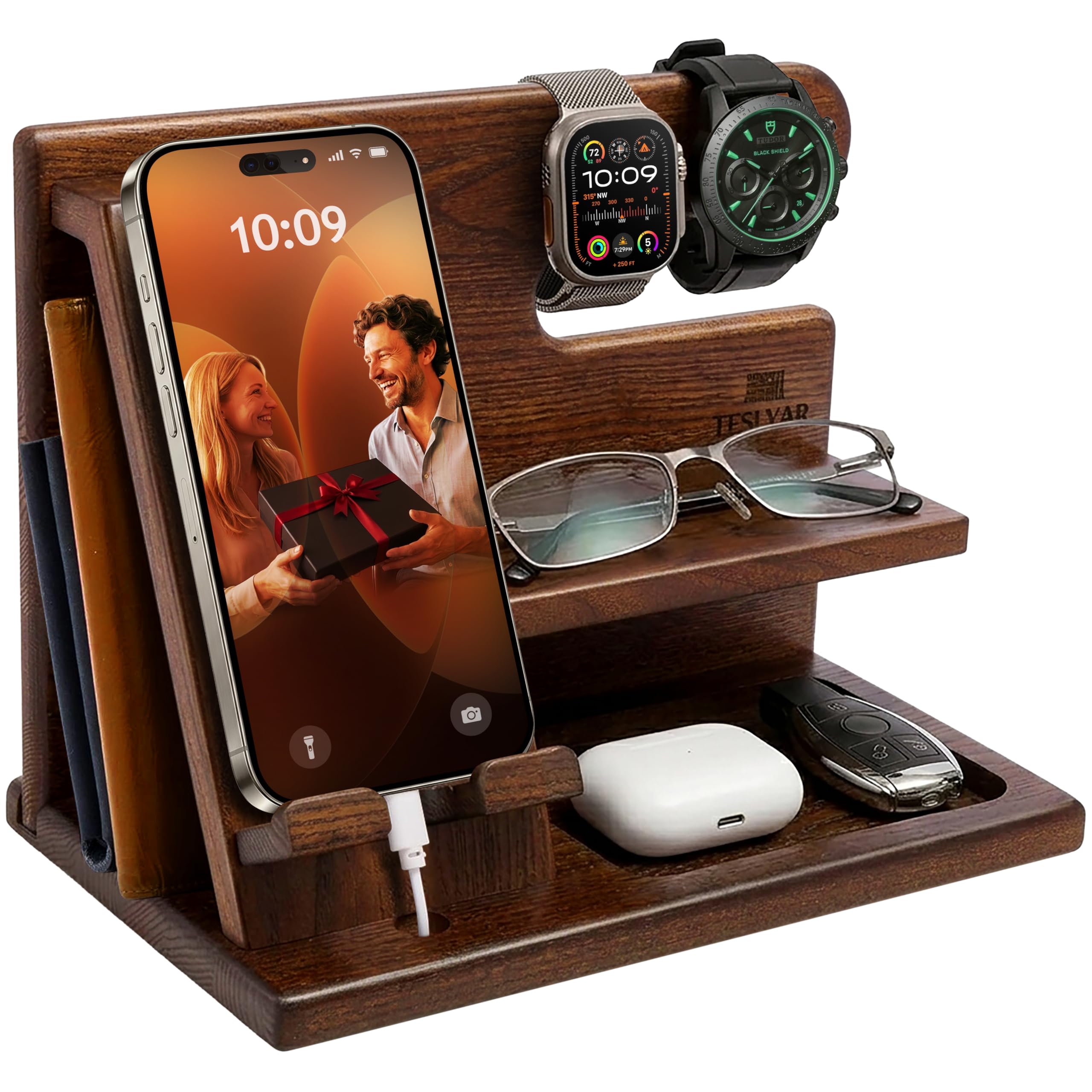 TESLYAR Wood Phone Docking Station for Men - Desktop or Nightstan by TESLYAR - Angle View 1