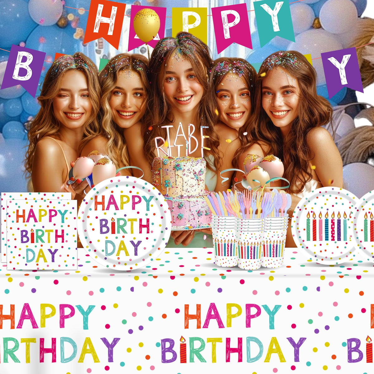 142pcs Happy Birthday Party Supplies Set with Colorful Polka - Kilyparty Official Imagery - 7