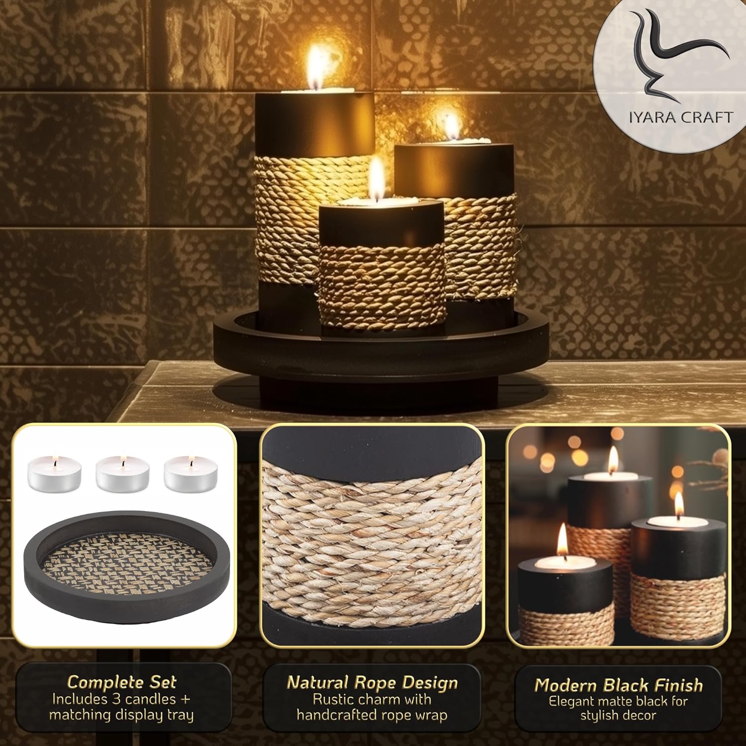 Set of 3 IYARA CRAFT tealight candle holders with rustic black wooden trays, featuring a natural, handcrafted design.