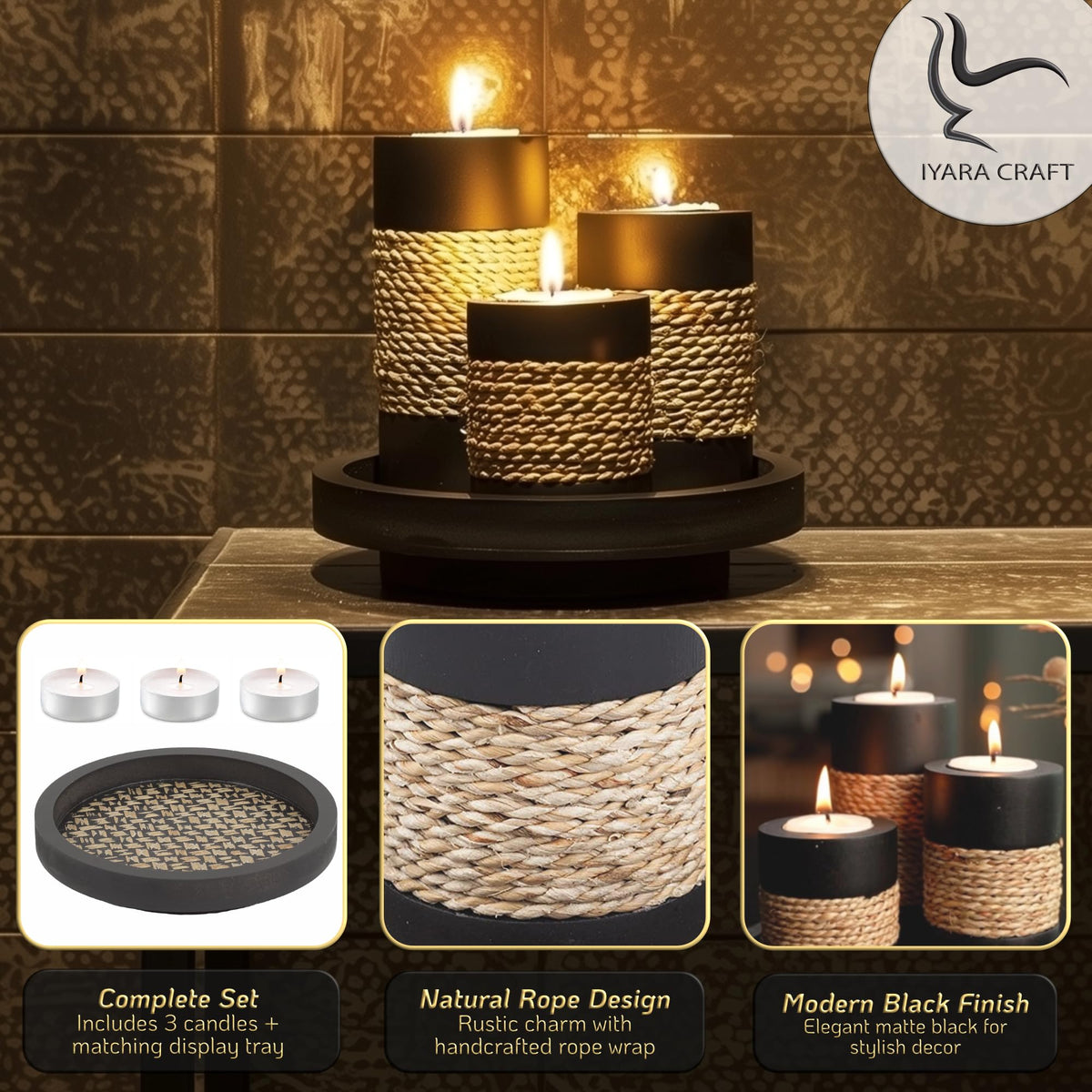 IYARA CRAFT Candleholder Set with Tray Set of 3 Rustic Black - IYARA CRAFT Official Imagery - 7