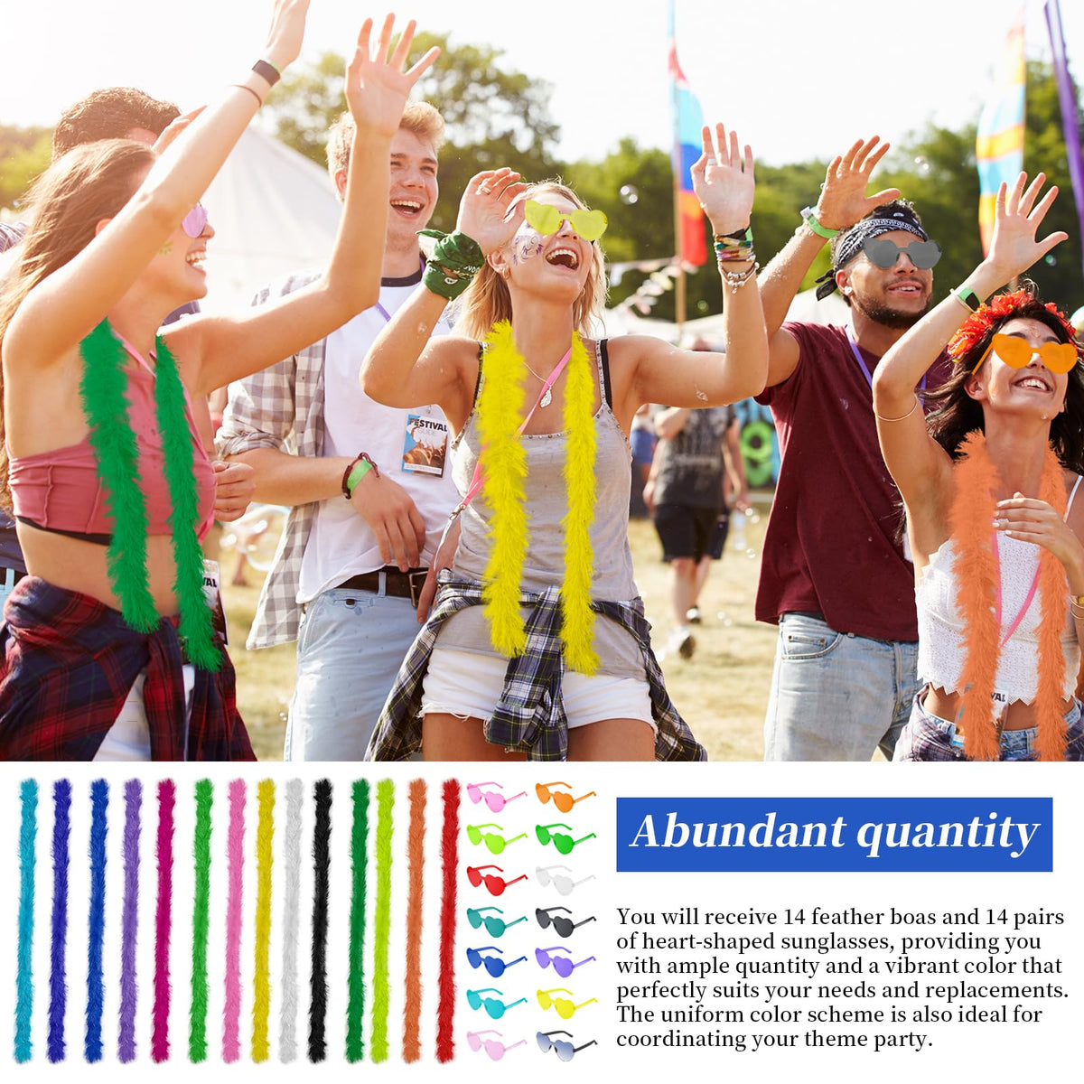 28 Pcs 5 Ft Feather Boas and Heart Sunglasses Set 14 Colors - TANEMUDO Official Imagery - 6