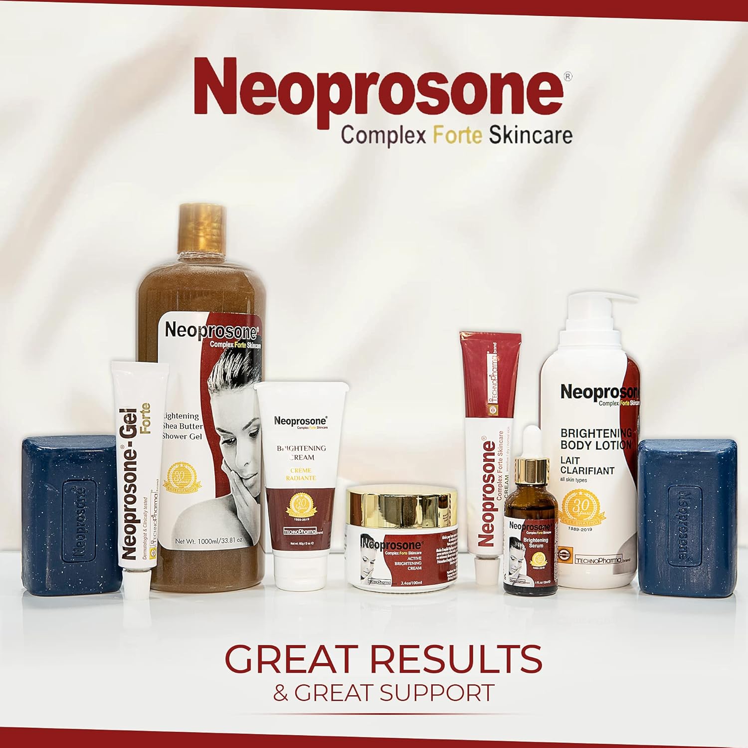 Neoprosone skin brightening cream in 1.7 fl oz bottle, showing the product tube for fading dark spots and skin tone improvement.