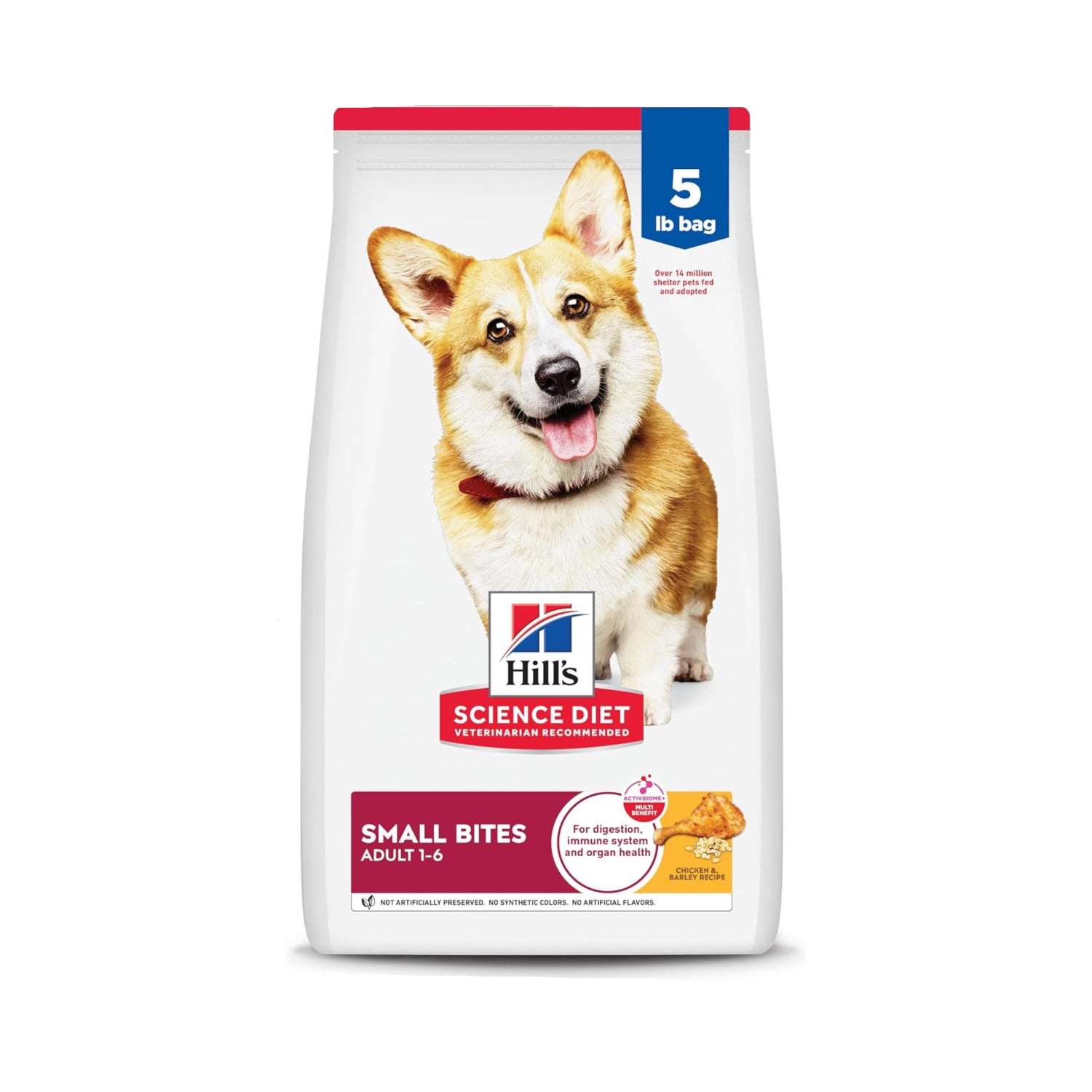 Bag of Hills' Science Diet dog food with a corgi on the packaging