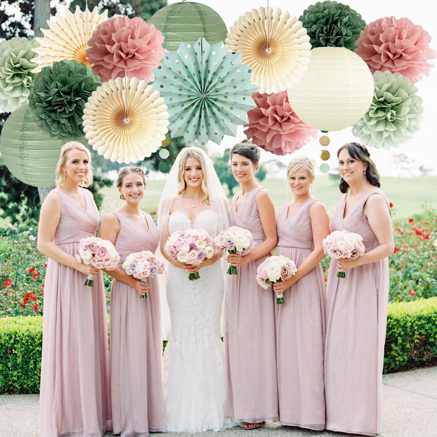 Sage green and dusty pink party decorations including banners and balloons, perfect for celebrations, by FETETIJD.