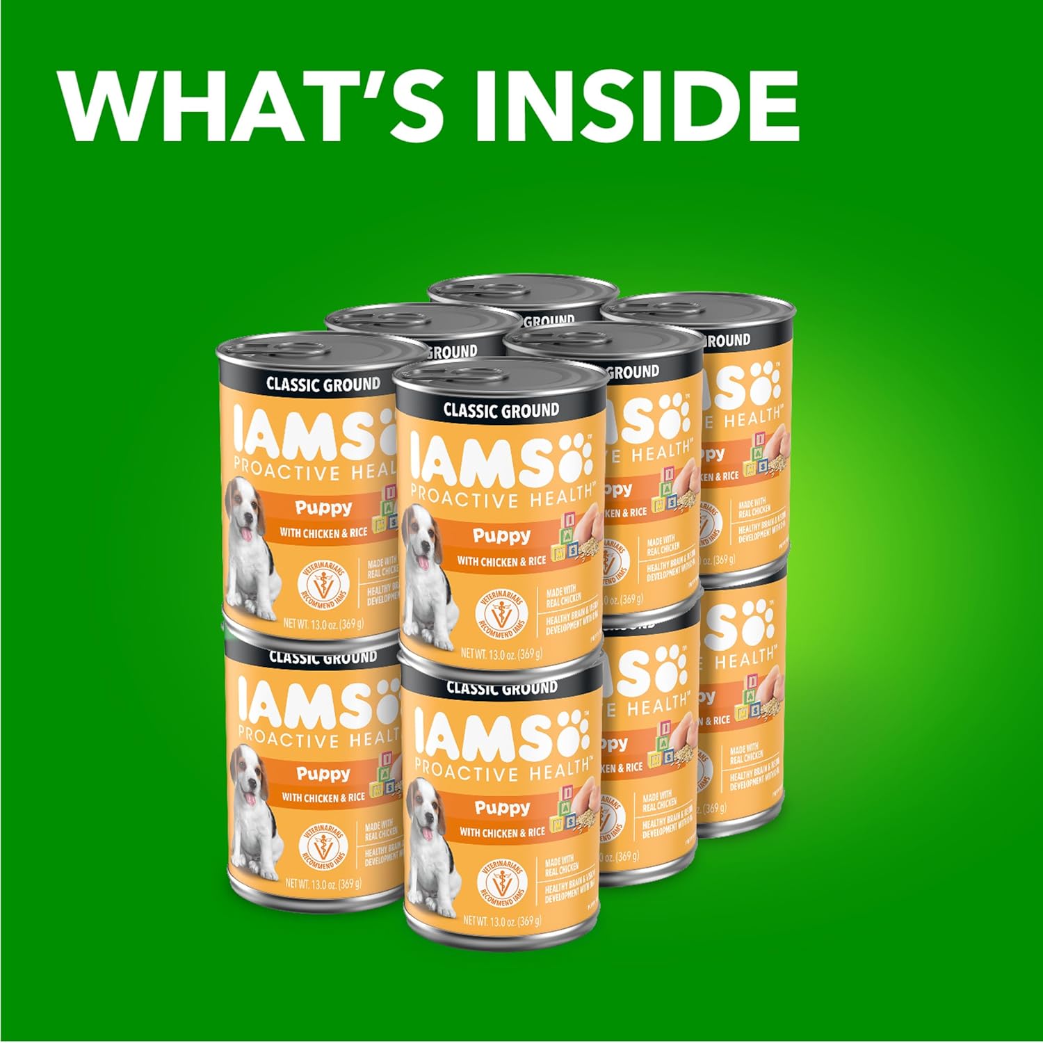 IAMS Proactive Health puppy wet dog food in classic ground form, pack of 12, showing the canned dog food with ground meat texture.
