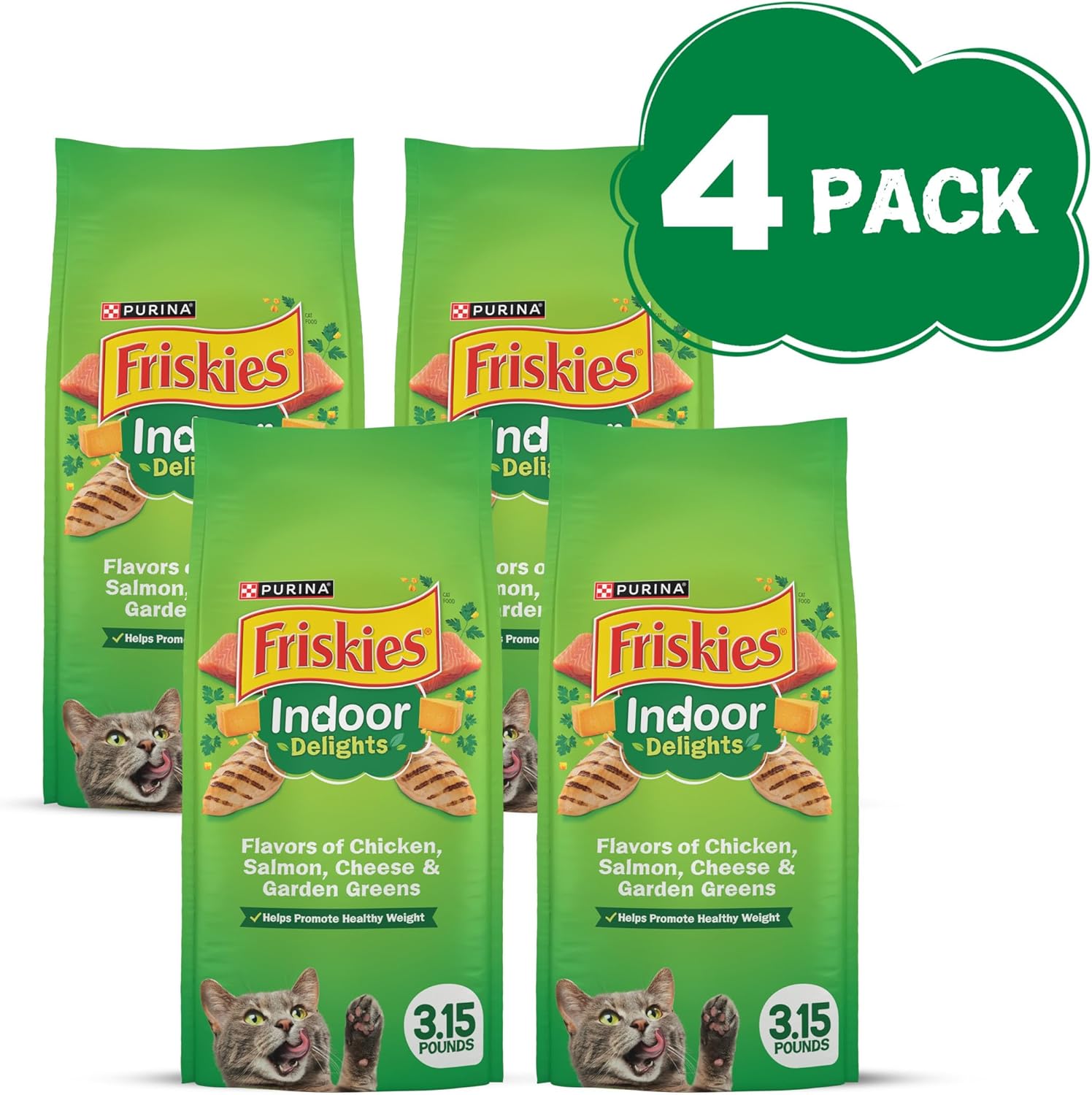 Four 3.15 lb bags of Purina Friskies Dry Cat Food Indoor Delights with chicken, salmon, peas, and carrots.