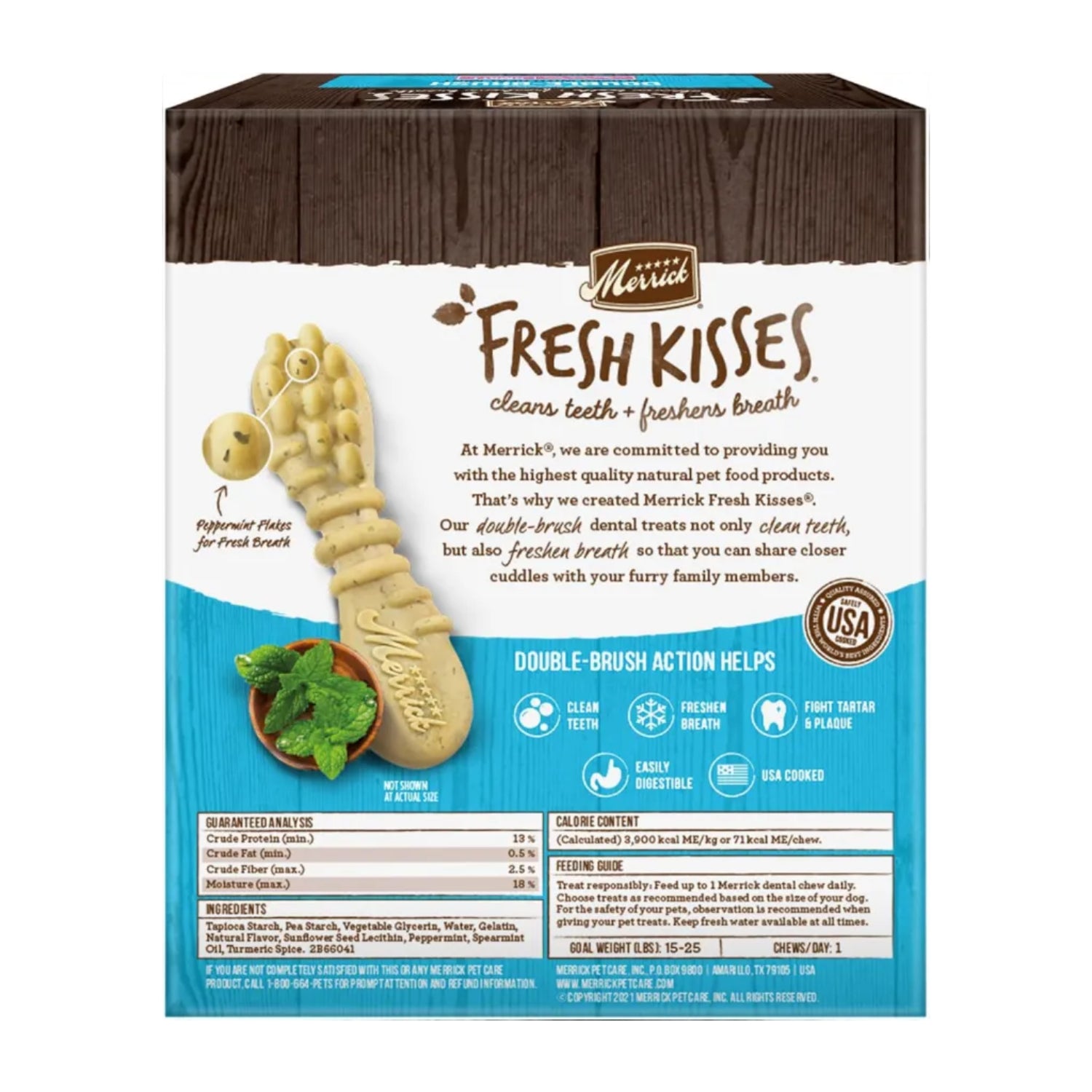 Merrick Fresh Kisses natural dental chews in toothbrush treat shape, infused for fresh breath and dental health.