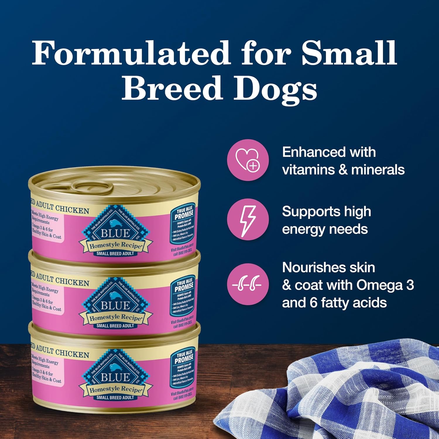 Blue Buffalo Homestyle Recipe small breed adult wet dog food cans, 5.5 oz, showing colorful dog food in open cans.