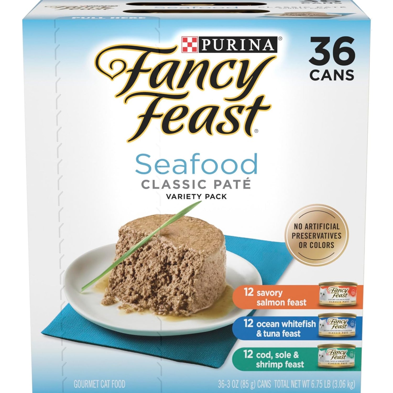 Fancy Feast Seafood Classic Pate Collection grain-free wet cat food variety pack with 36 cans of 3 oz. each, featuring seafood flavors.