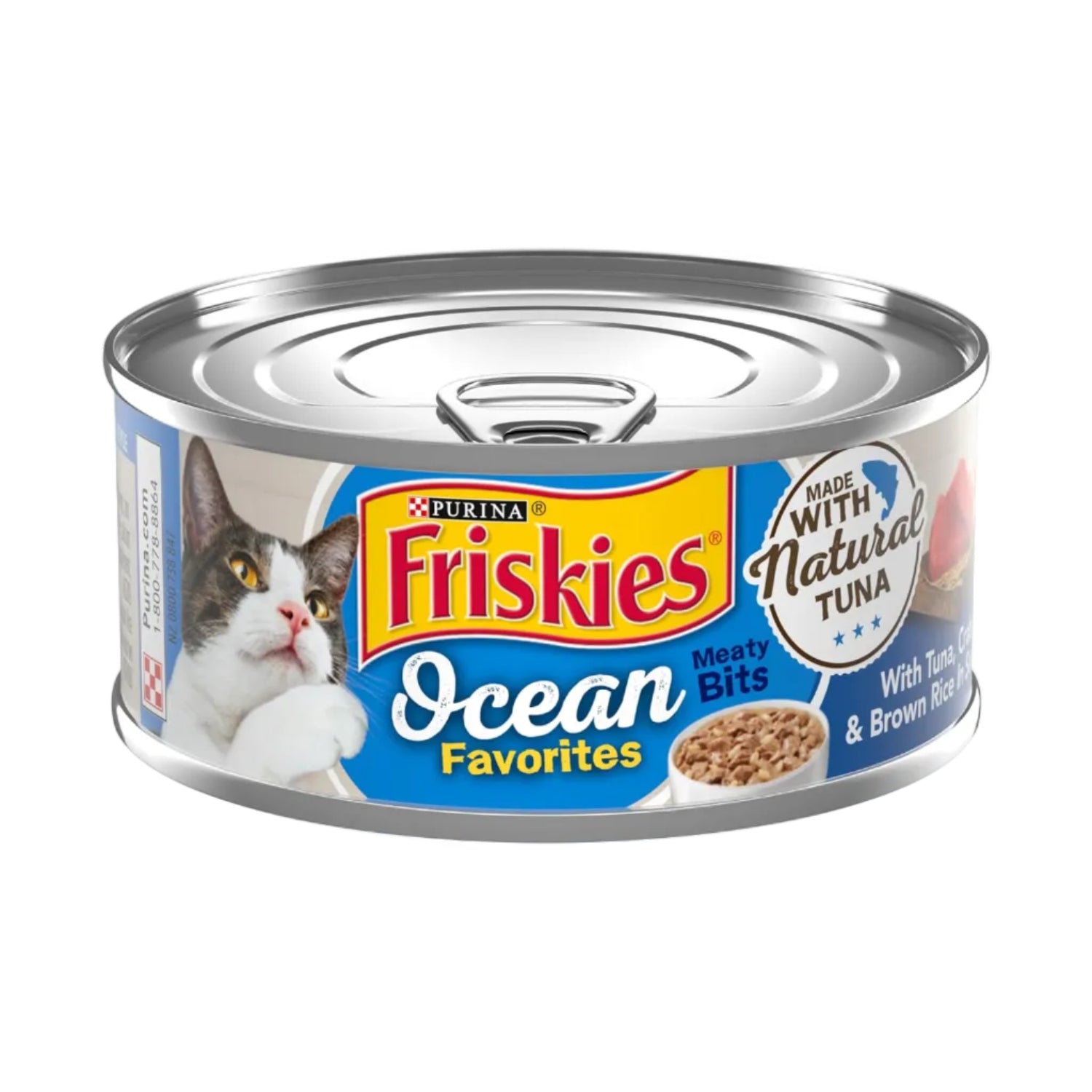 Cans of Purina Friskies Natural Wet Cat Food Ocean Favorites with Tuna, 5.5 oz, featuring meaty bits in the seafood flavor pack