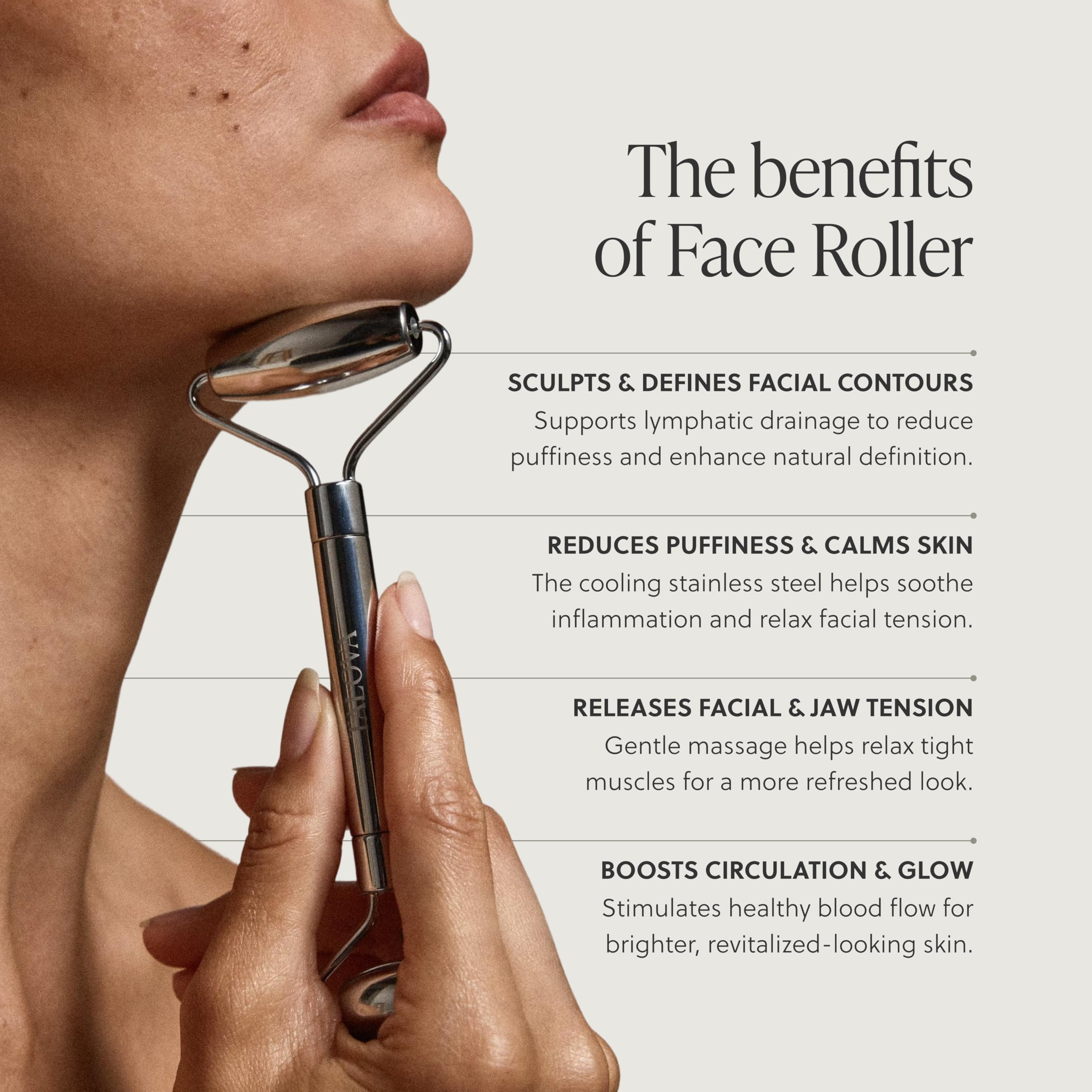 TALOVA stainless steel facial massage stick for depuffing and sculpting, with smooth rounded roller surface for facial skincare.