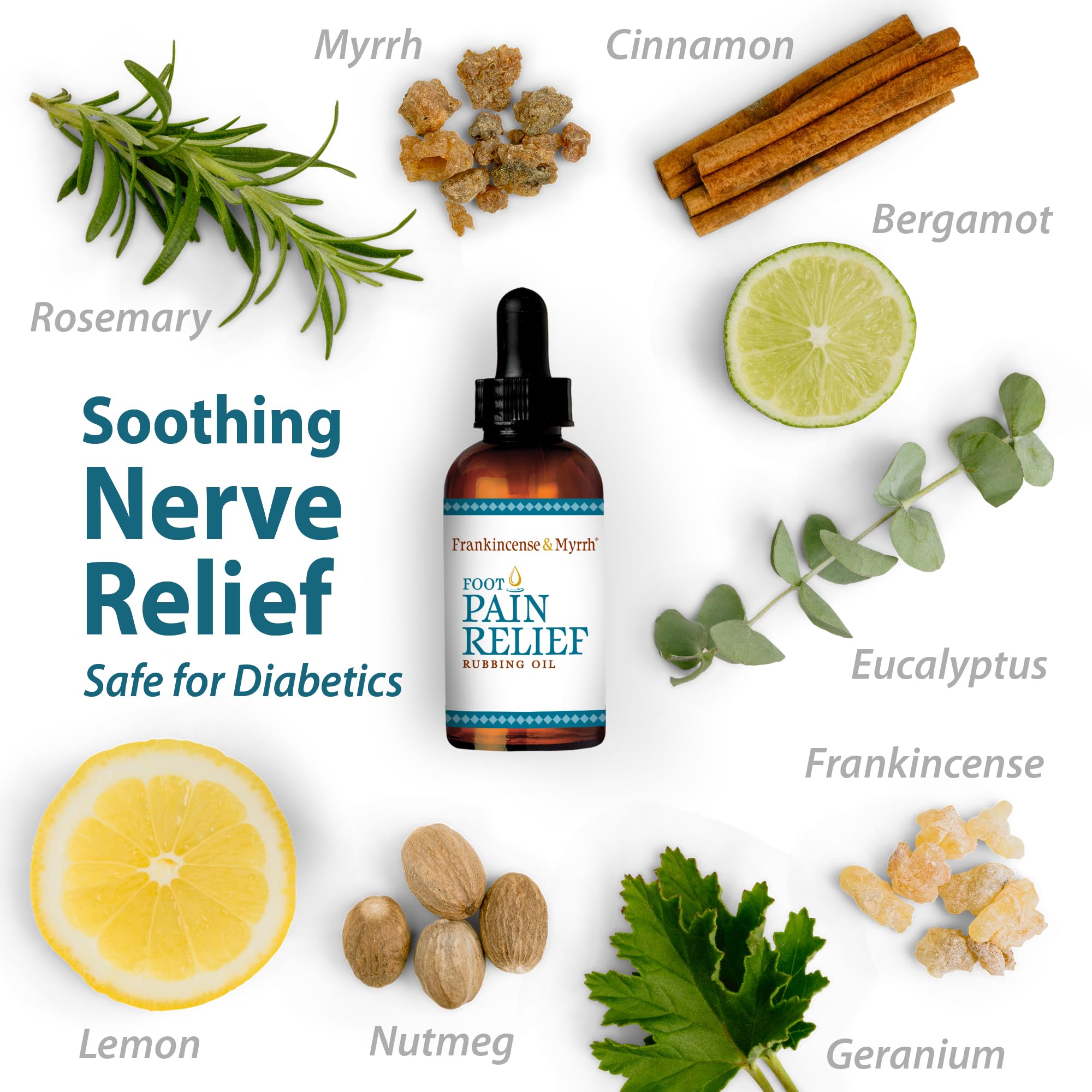 Frankincense & Myrrh neuropathy foot pain relief oil in a 2oz bottle, featuring essential oils for soothing foot discomfort.