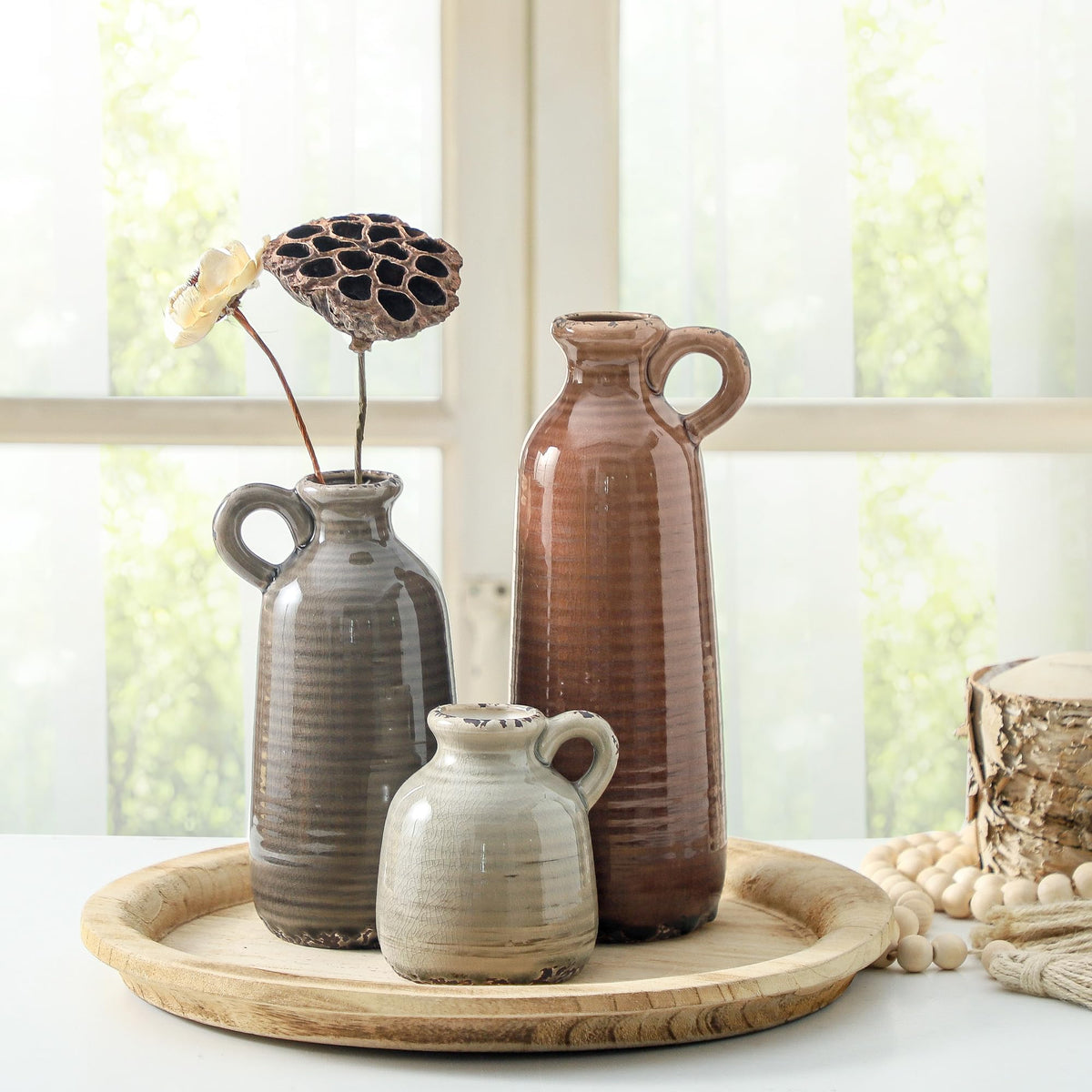 Ceramic Vases Set of 3 Neutral Rustic Farmhouse Vase with - ooit Official Imagery - 6