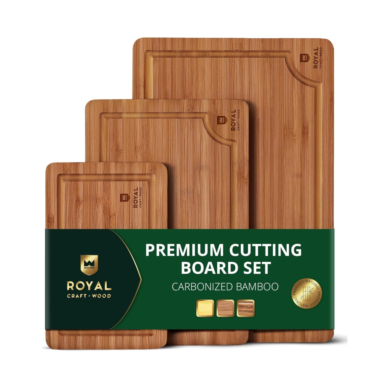 Royal Craft Wood wooden cutting board for kitchen meal prep and serving, shown on a countertop with food preparations.