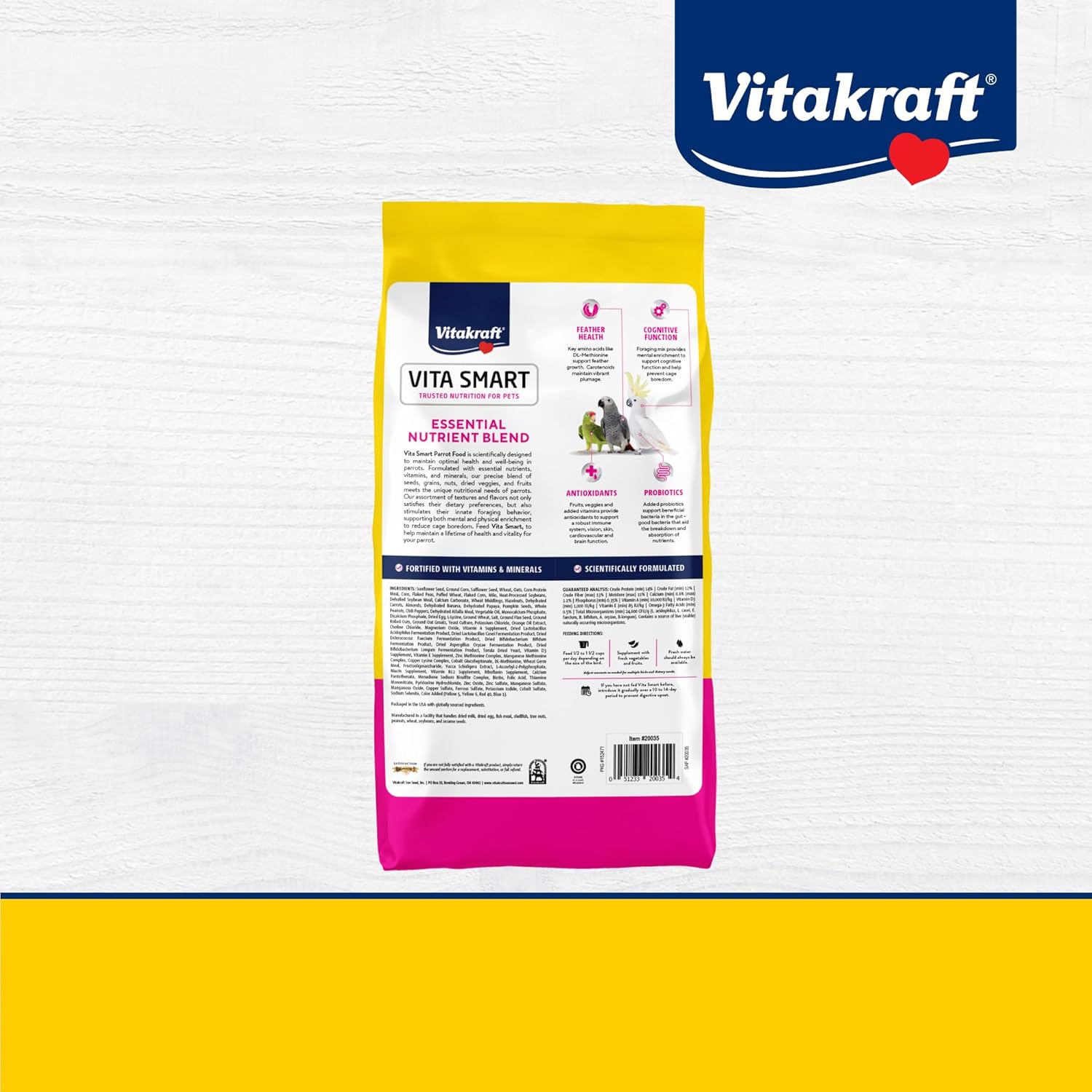 Vitakraft Vita Smart Parrot Food in 7 lb bag showing colorful pellet mix for parrots