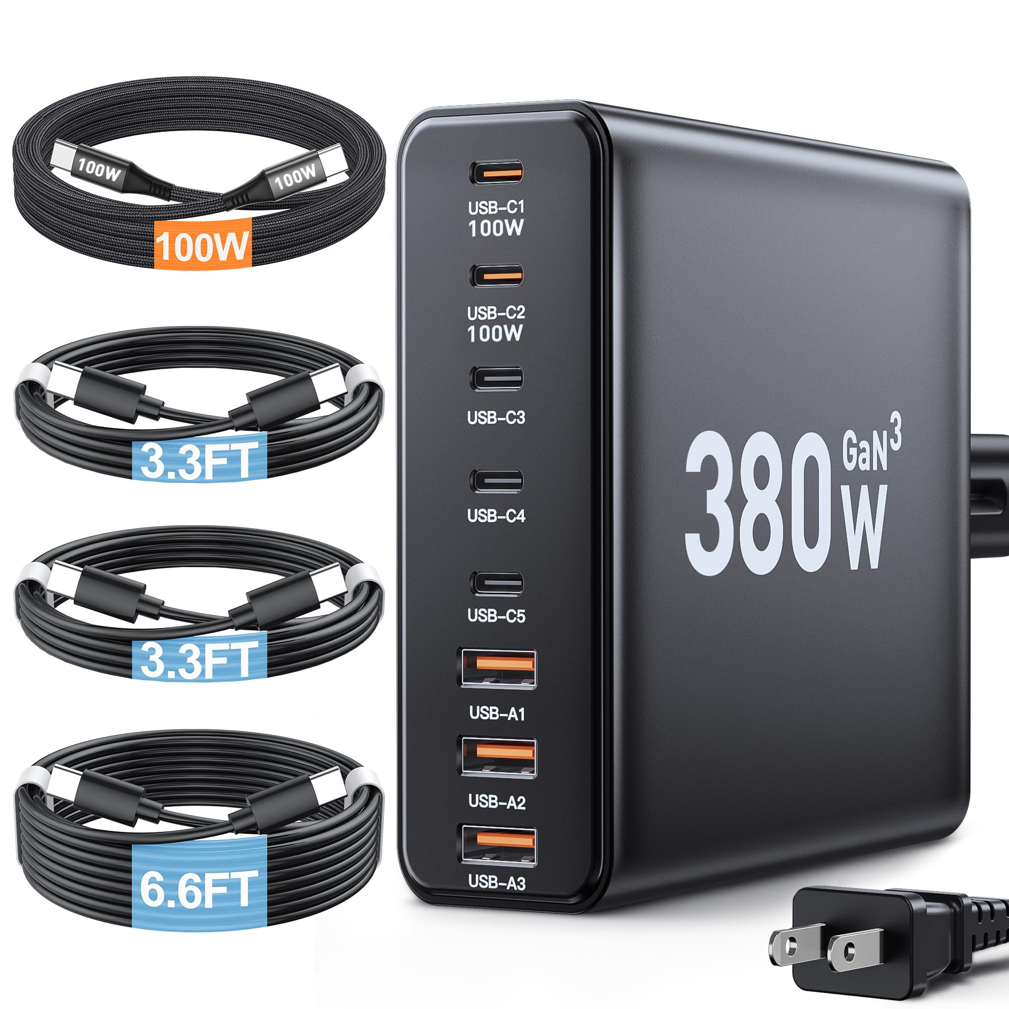 Ediliow 380W USB C Charger Block with 4 USB Cables Dual 100W Char by Ediliow - Angle View 1