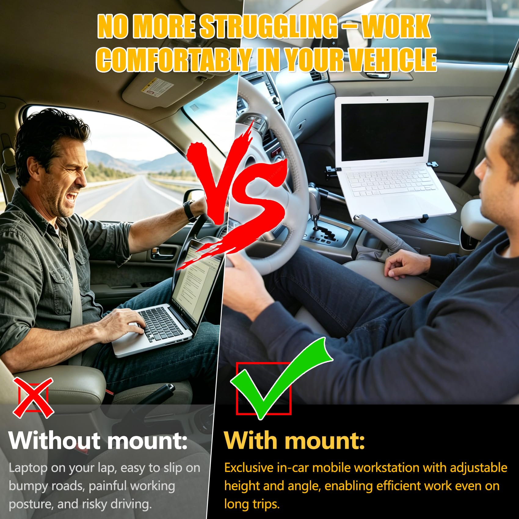 Vehicle Laptop Mount, Truck Laptop Mount for Cars, Vans, Quick installation, Full Motion Swivel, MS-526 Laptop Holder for Mobile Work, No-Drill Computer Stand with Adjustable Height ,5-Year Warranty