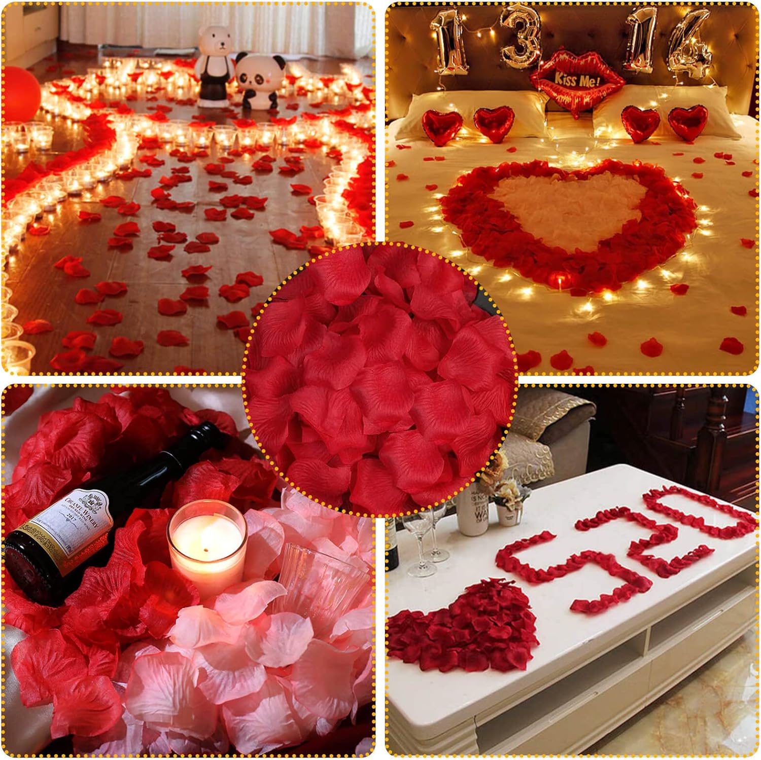 Caffox 3000-piece rose petals with 36 LED tea light candles, soft pink rose petals and glowing candles for romantic decor.