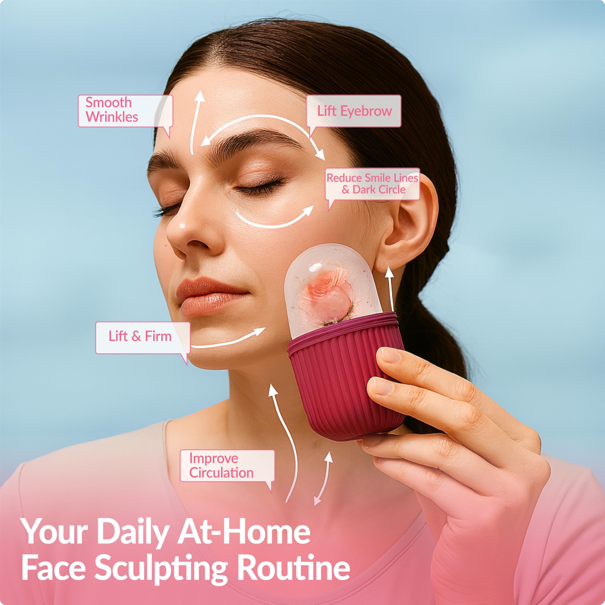 Pink Brookstone IcyGlow Ice Roller Kit for face and neck, a compact massager with a sleek design for cooling skincare.