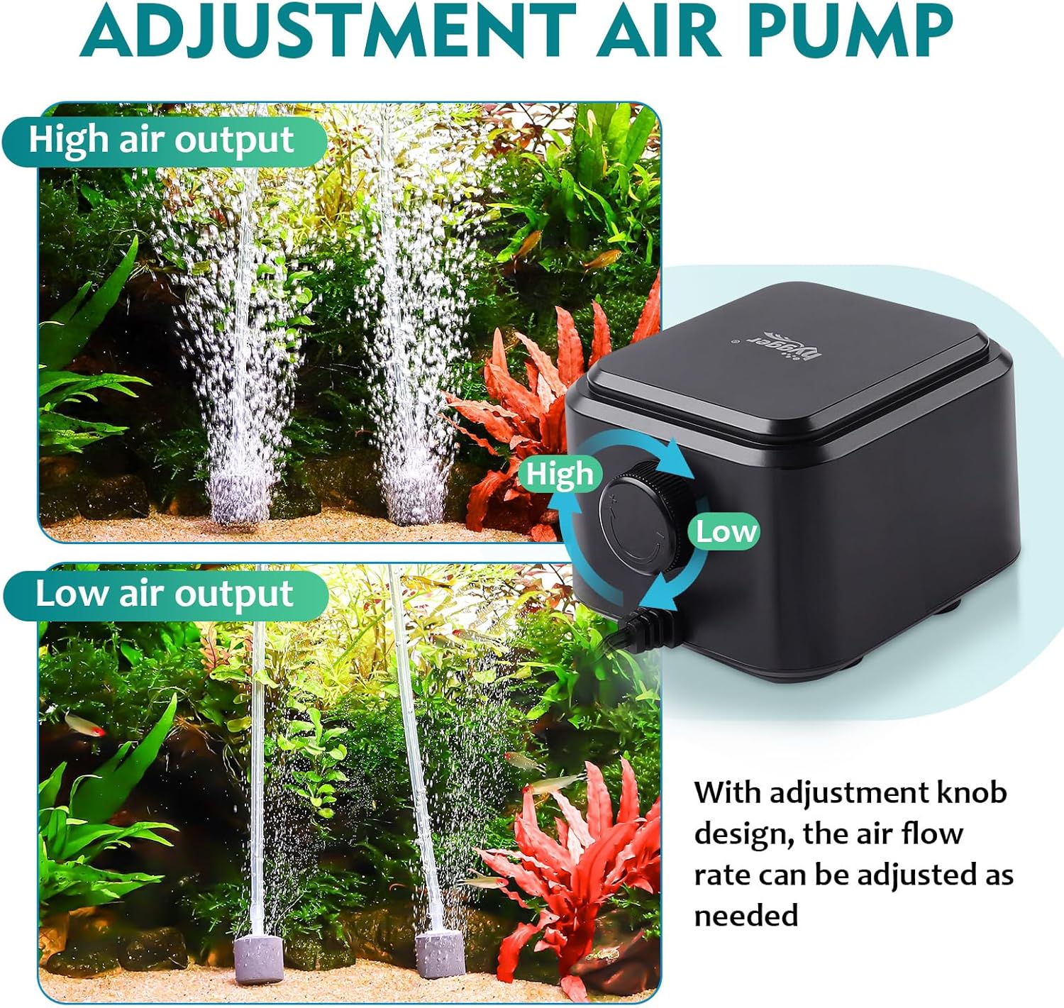 hygger quiet aquarium air pump with adjustable low decibel noise for oxygenating fish tanks, compact and energy-efficient design