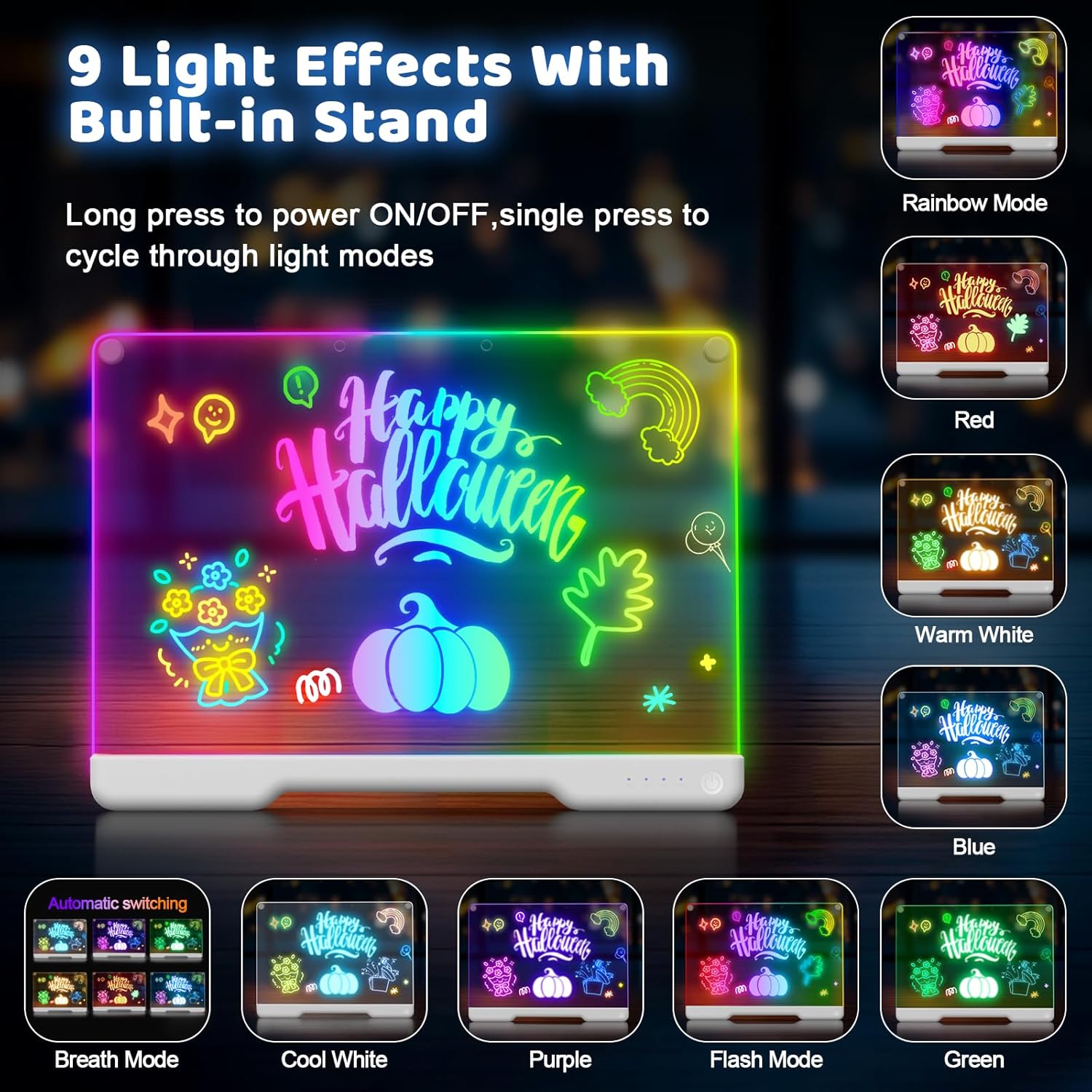 Geokay 16-inch rechargeable doodle glow LED note board with 9-color light modes, suitable for drawing and creative activities.