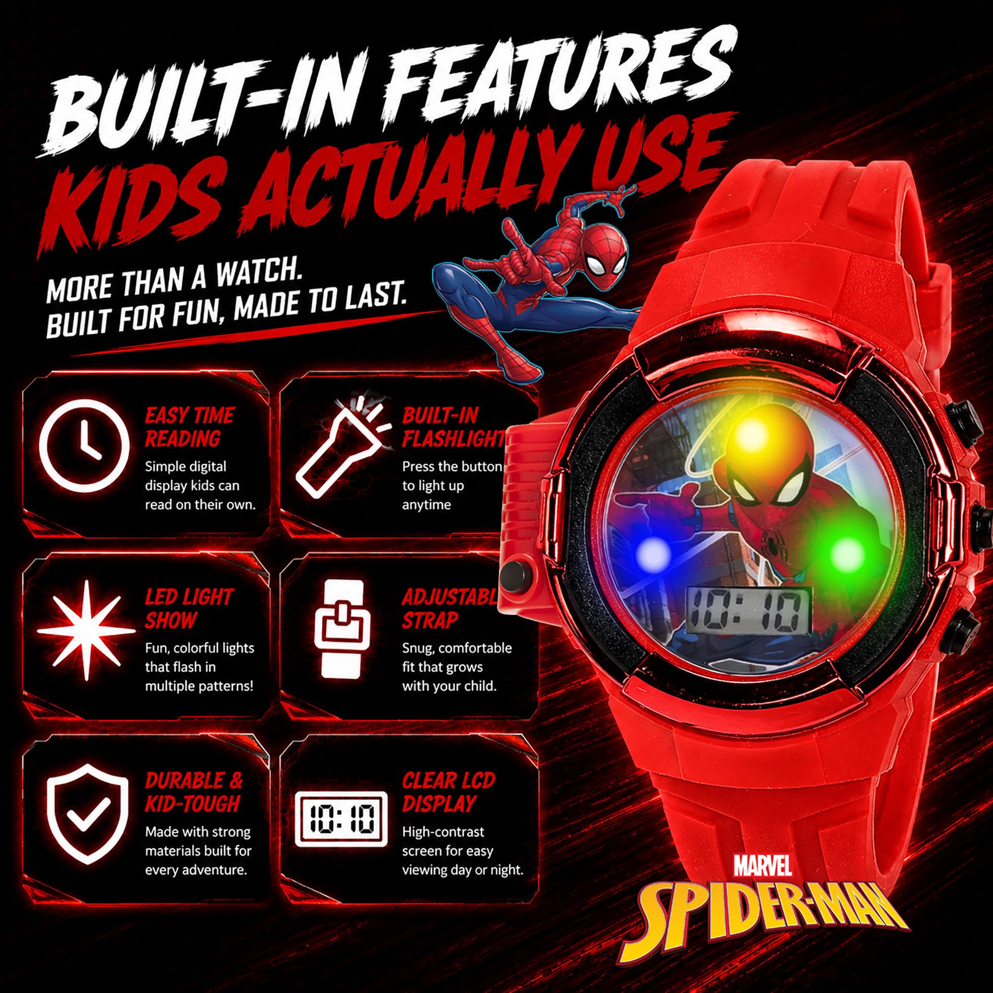 Accutime Marvel Spider-Man Flashlight Watch for Kids – Light-Up Fun wi - View 4