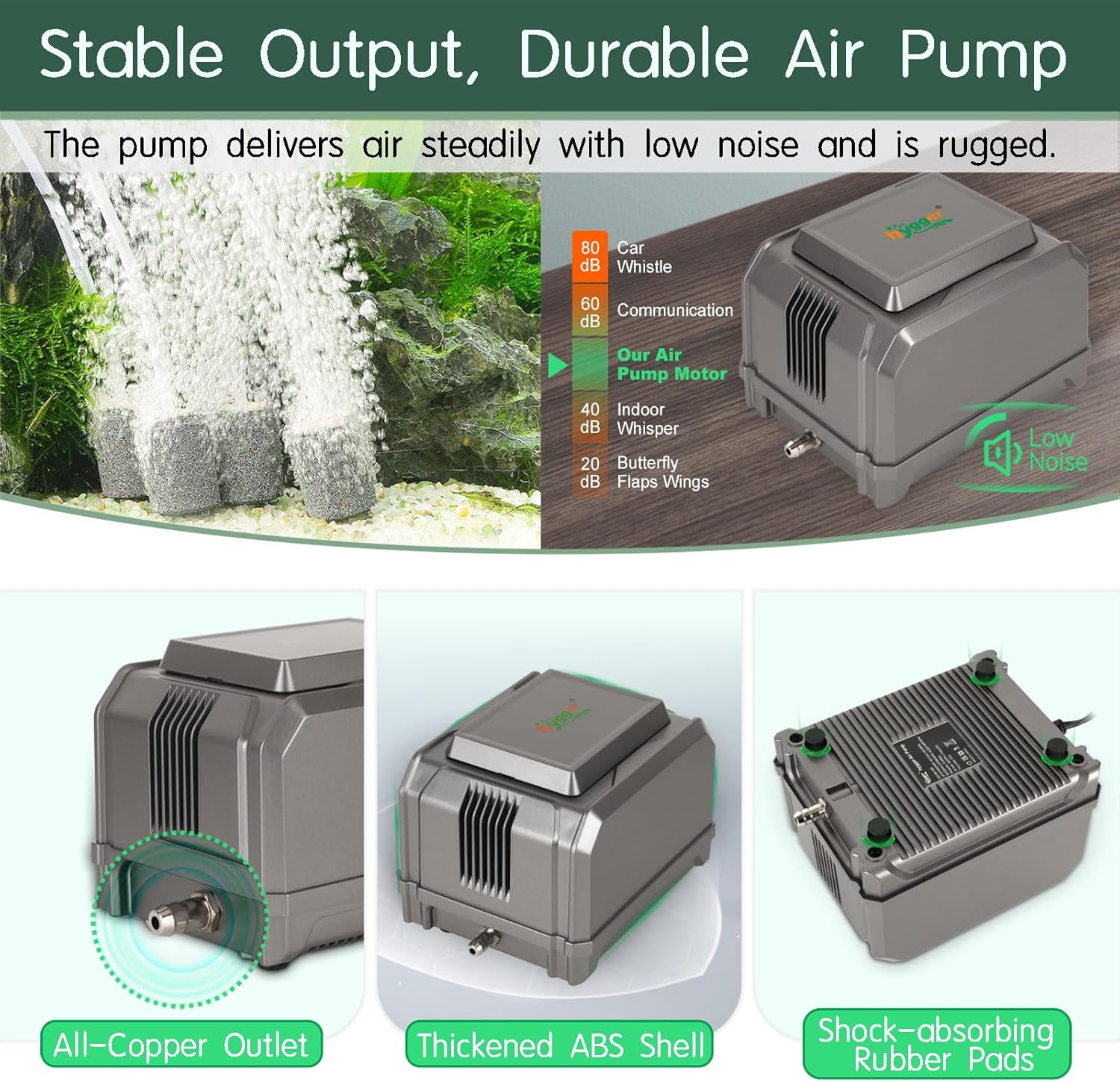 hygger aquarium air pump 10W with adjustable pressure for fish tanks, compact and powerful air aerator for aquatic environments