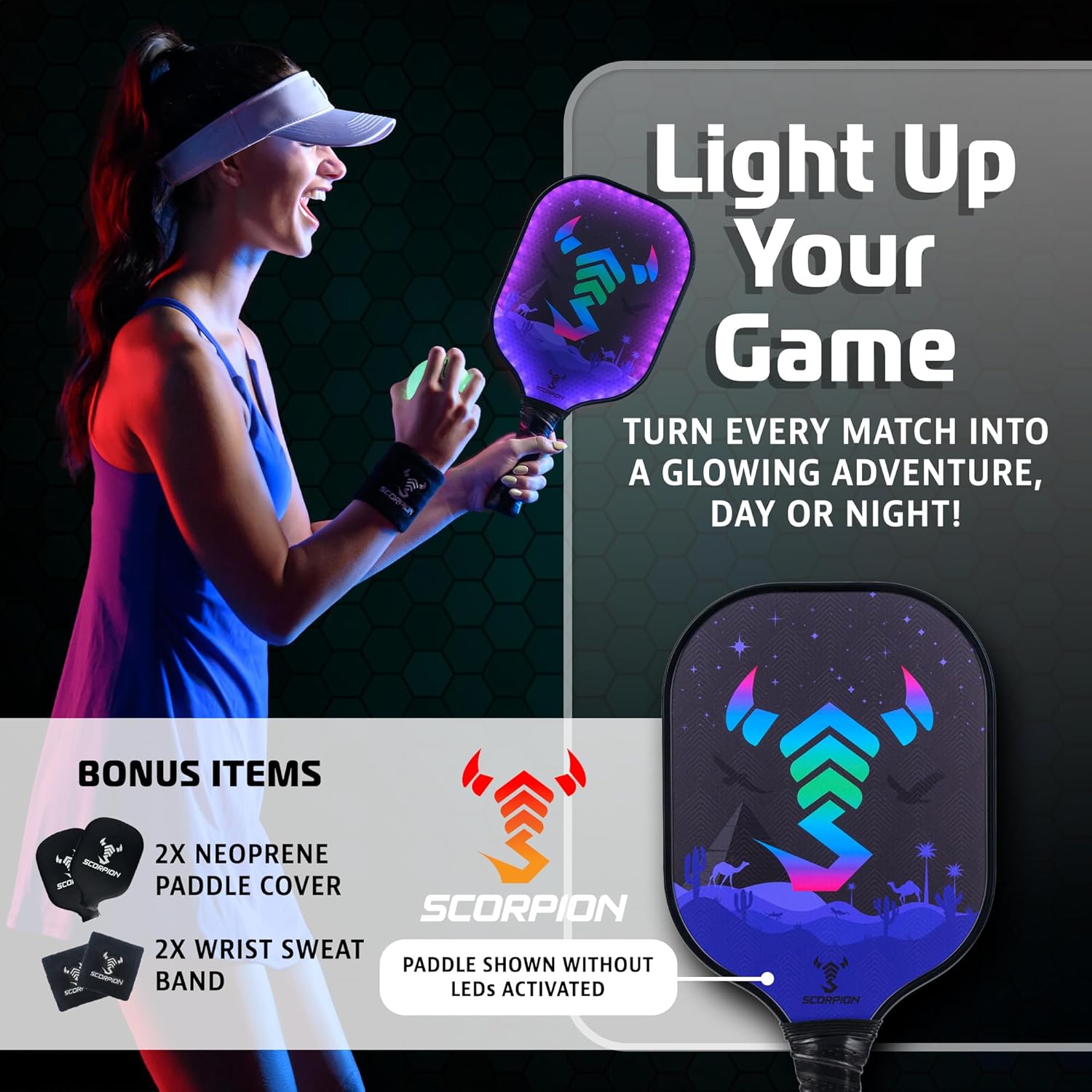 SCORPION LED pickleball paddles set with lightweight rackets, featuring built-in LED lights for enhanced visibility during play