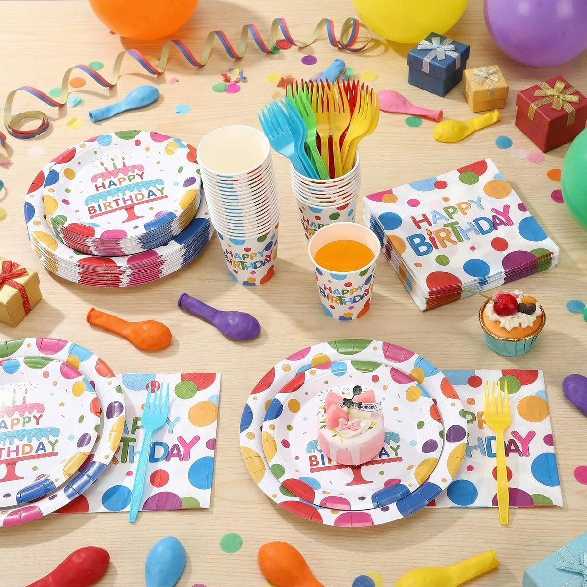 200 Pcs Happy Birthday Colorful Polka Dot Party Paper Plates - Ziliny Official Imagery - 3
