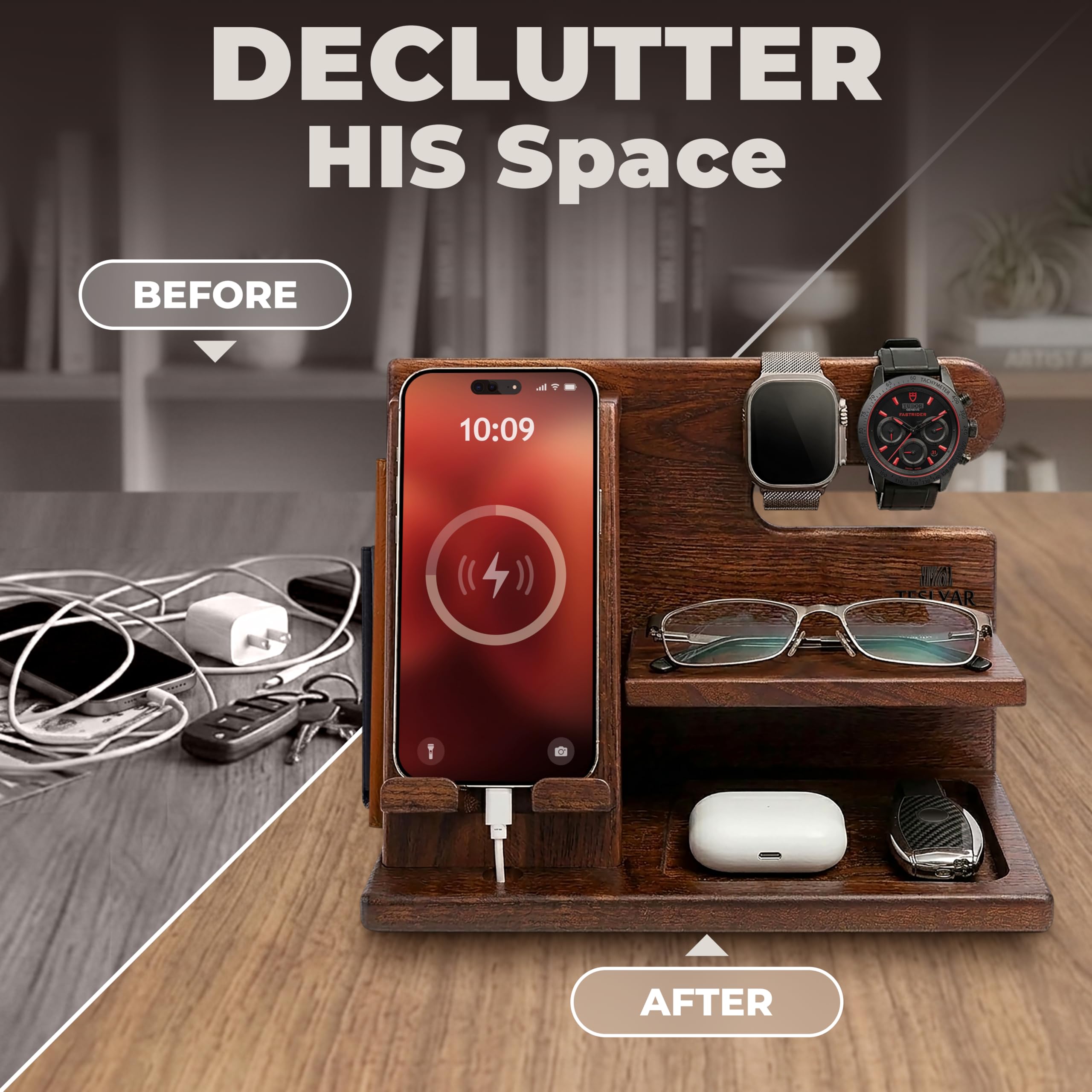 TESLYAR Wood Phone Docking Station for Men - Desktop or Nightstan by TESLYAR - Angle View 2