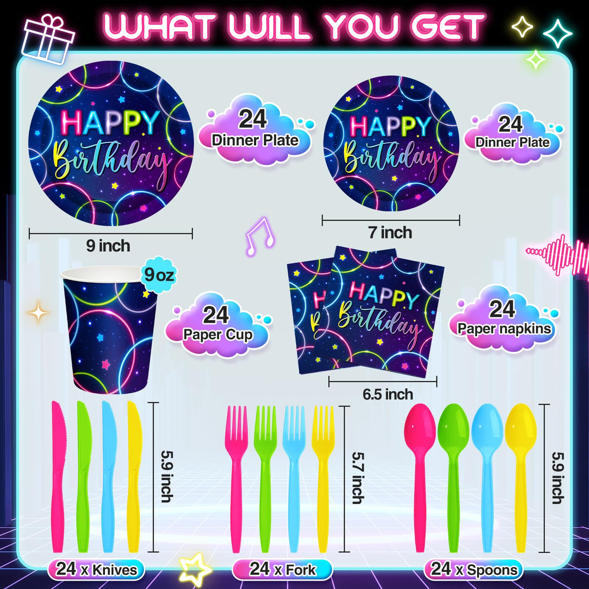 Meanplan 168 Pcs Neon Glow Birthday Party Tableware Set for - Meanplan Official Imagery - 3
