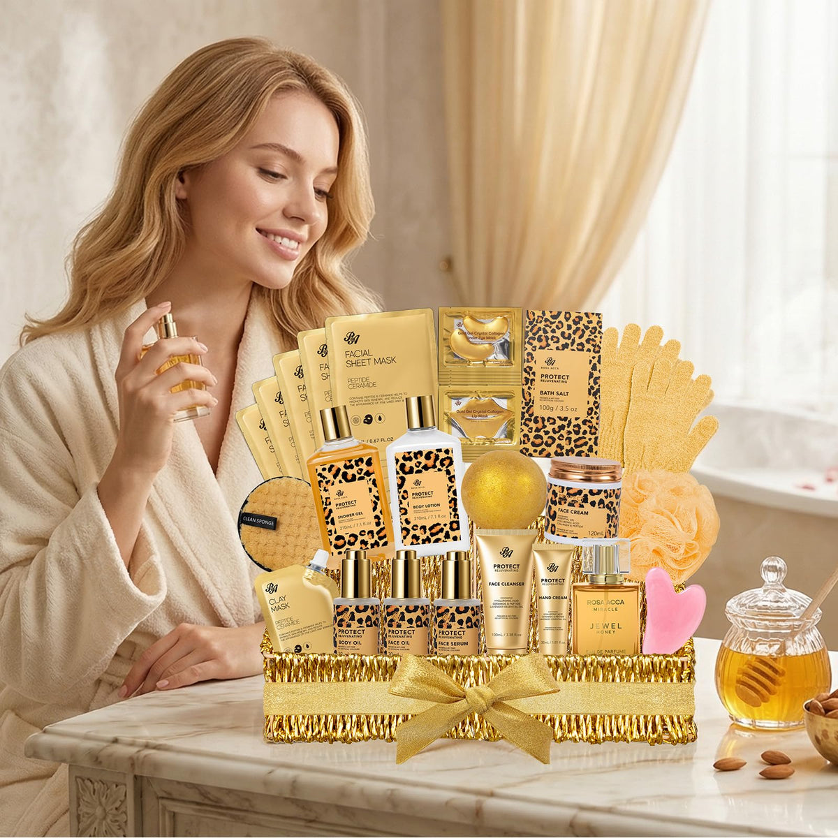 Gifts for Women 32 Pcs Honey Almond Bath Body Gift Basket - RA ROSA ACCA Official Imagery - 4