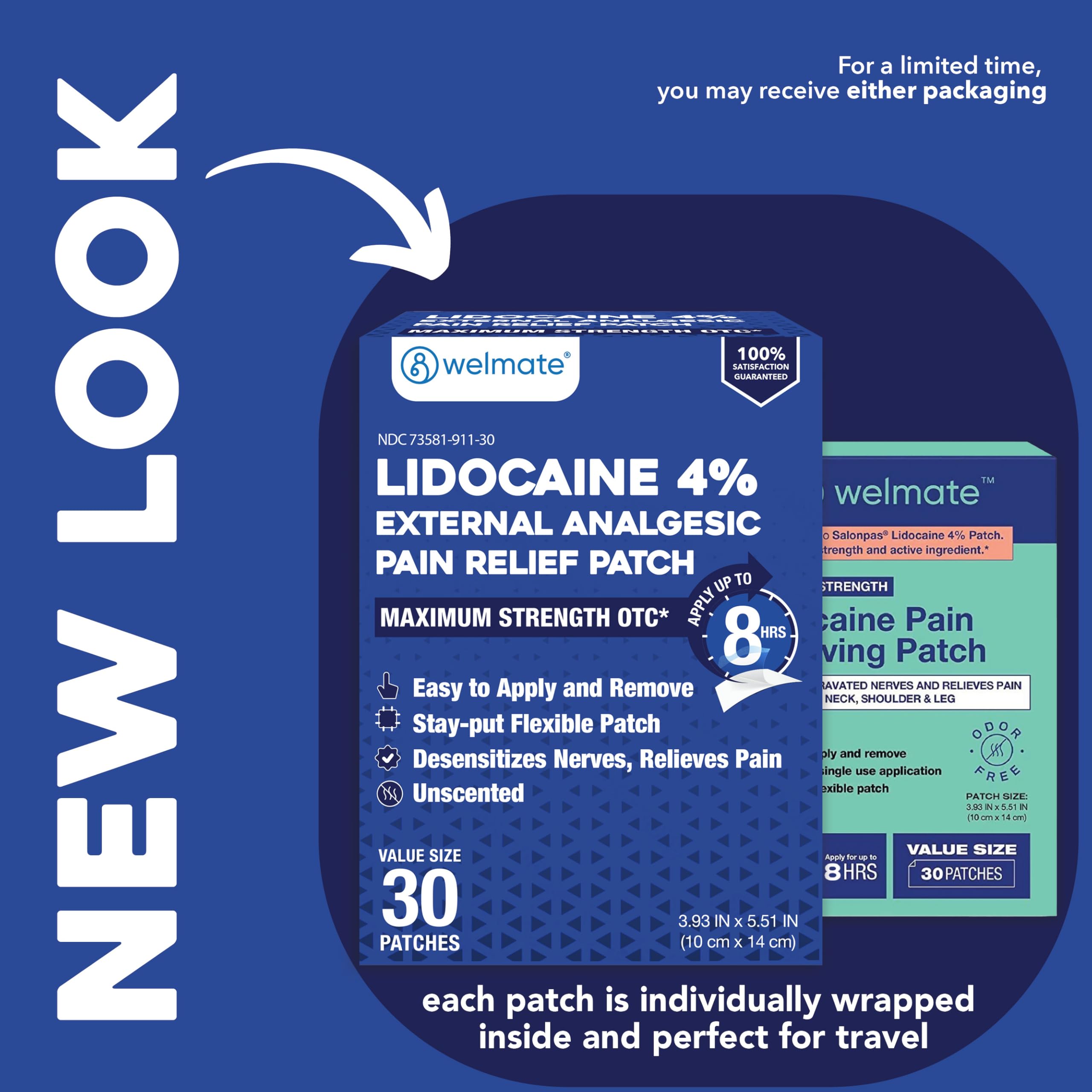 WELMATE 4% Lidocaine Pain Relief Patch Maximum Strength, 30 Count