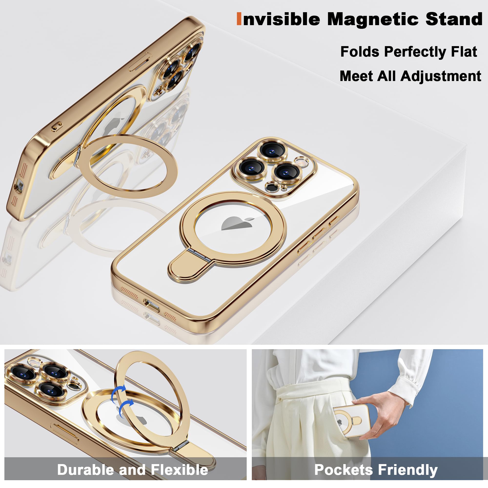Plating Clear Case for iPhone 15 Pro Max with Stand 6 7 Gold - ETPESOK Official Imagery - 7