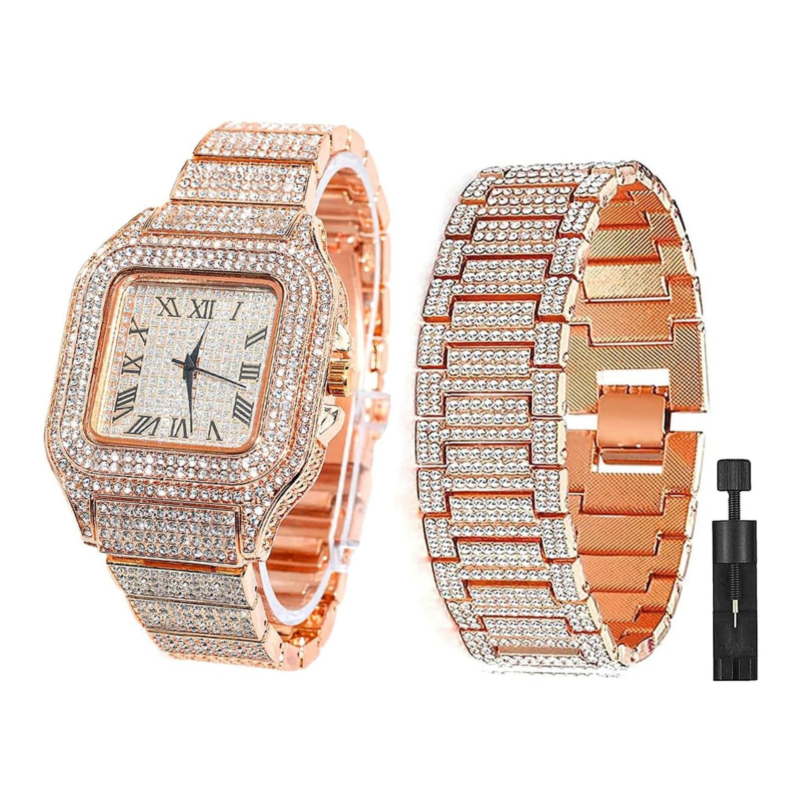 Diamond Watch Iced Out CZ Cuban Link Watch Gold Plated Square - Product Imagery
