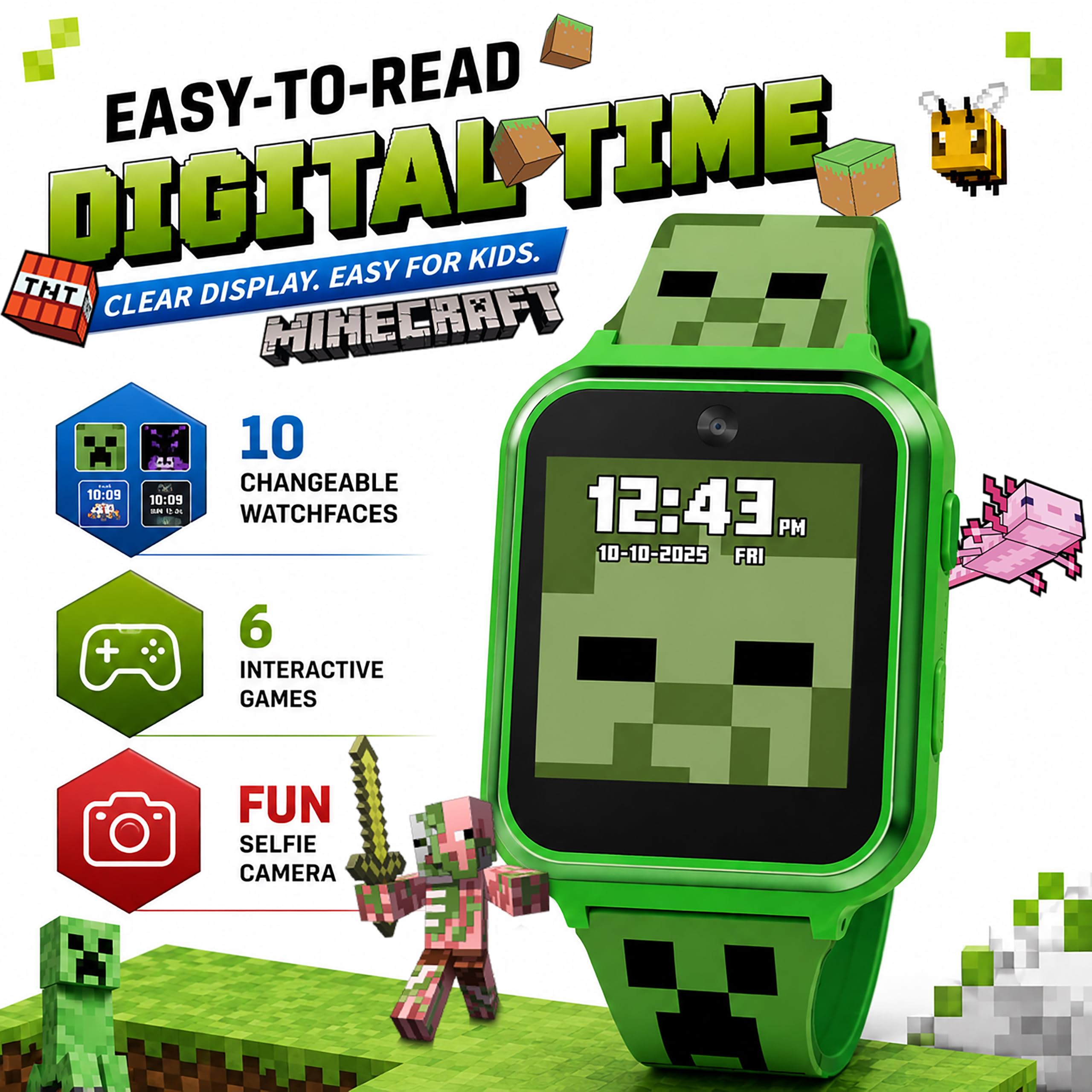 Accutime Minecraft Kids Smartwatch - Interactive LED Screen Watch with - View 3
