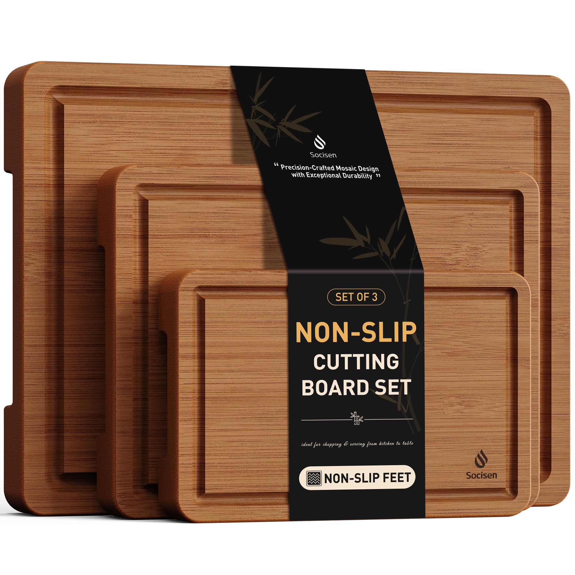 3 Packs Bamboo Cutting Board Set with Non Slip Feet and Over - Product Imagery