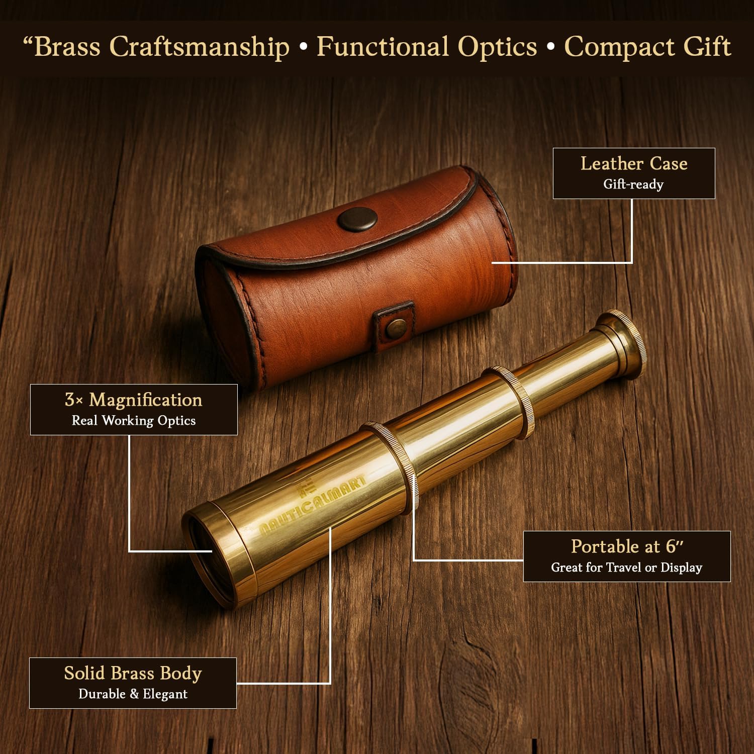 Solid brass handheld telescope, 6-inch nautical spy glass with free case, ideal for maritime adventures and outdoor exploration