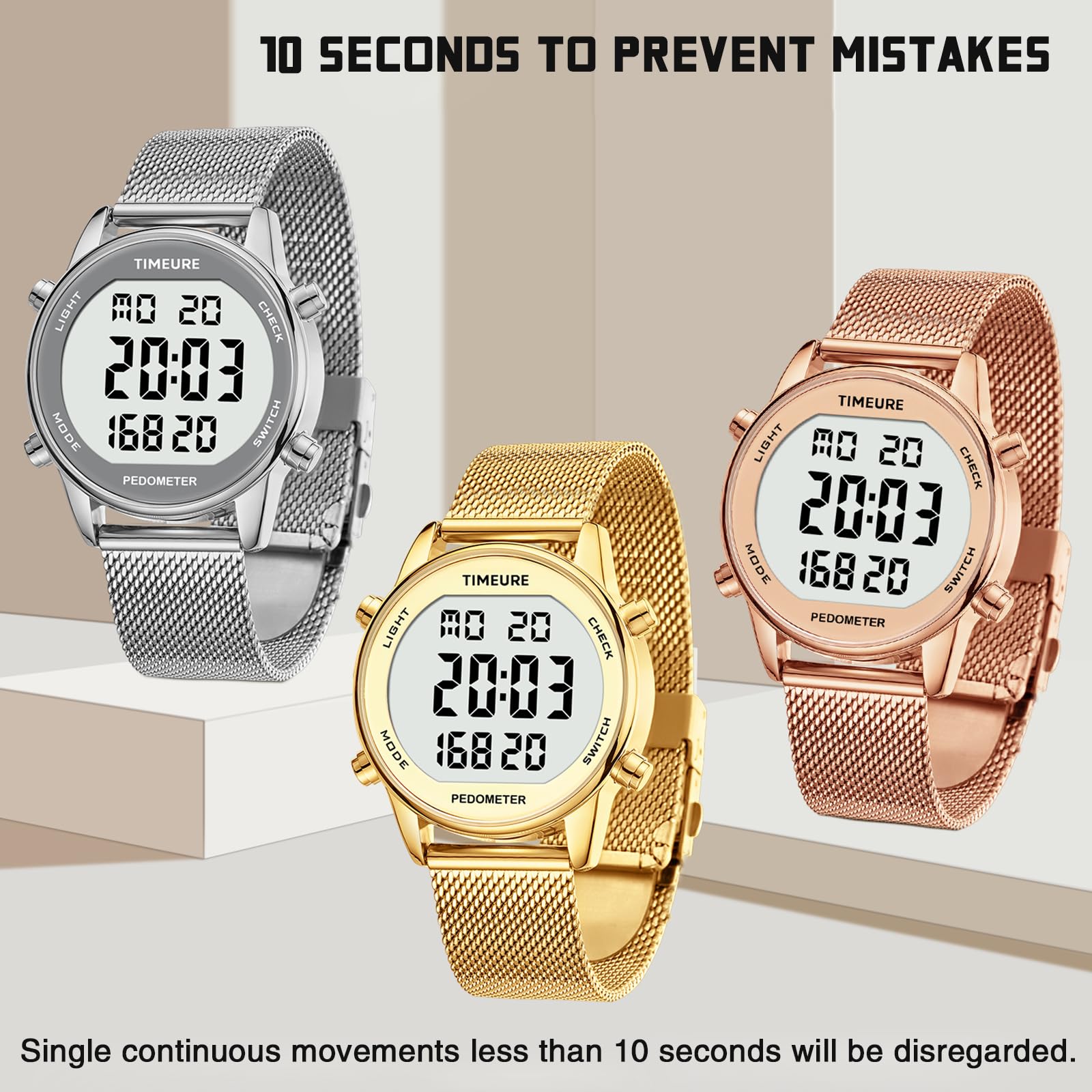 TIMEURE Pedometer Watch Women | Step Counter, No App Needed