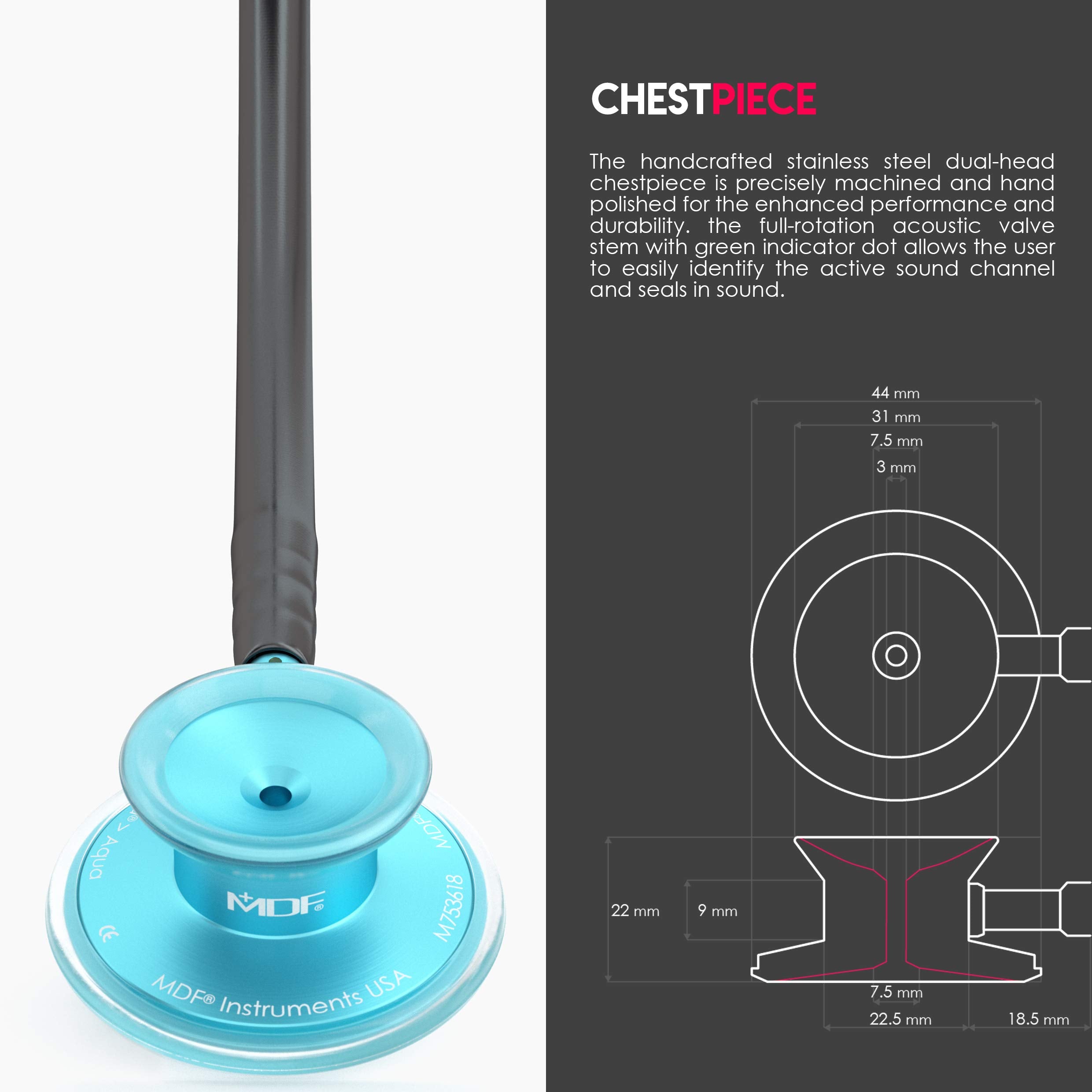 MDF Acoustica Stethoscope – Dual Head, Aqua/Black, Lifetime Warranty