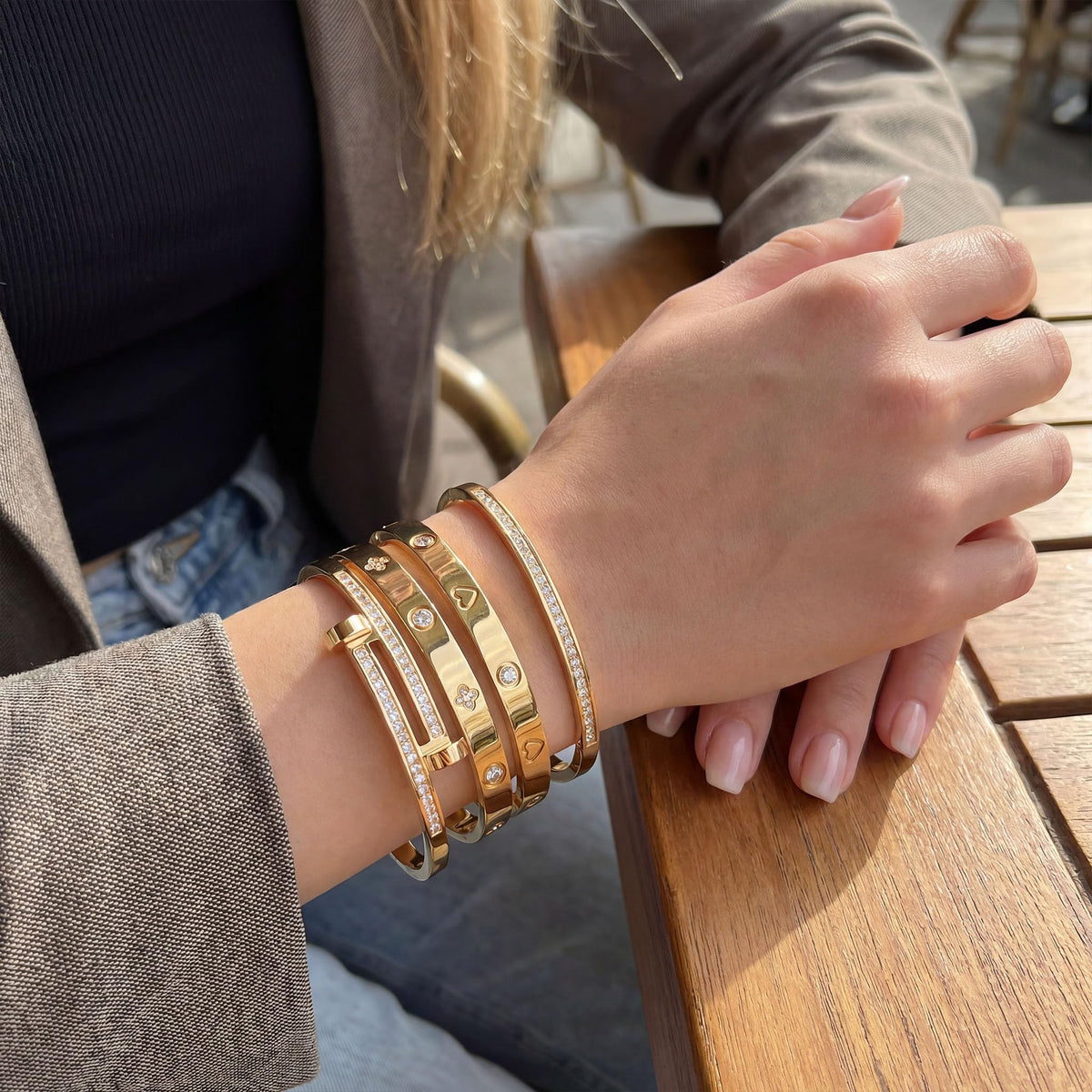 Gold Bangle Bracelets for Women 18K Gold Plated Stainless - Camhanno Official Imagery - 4