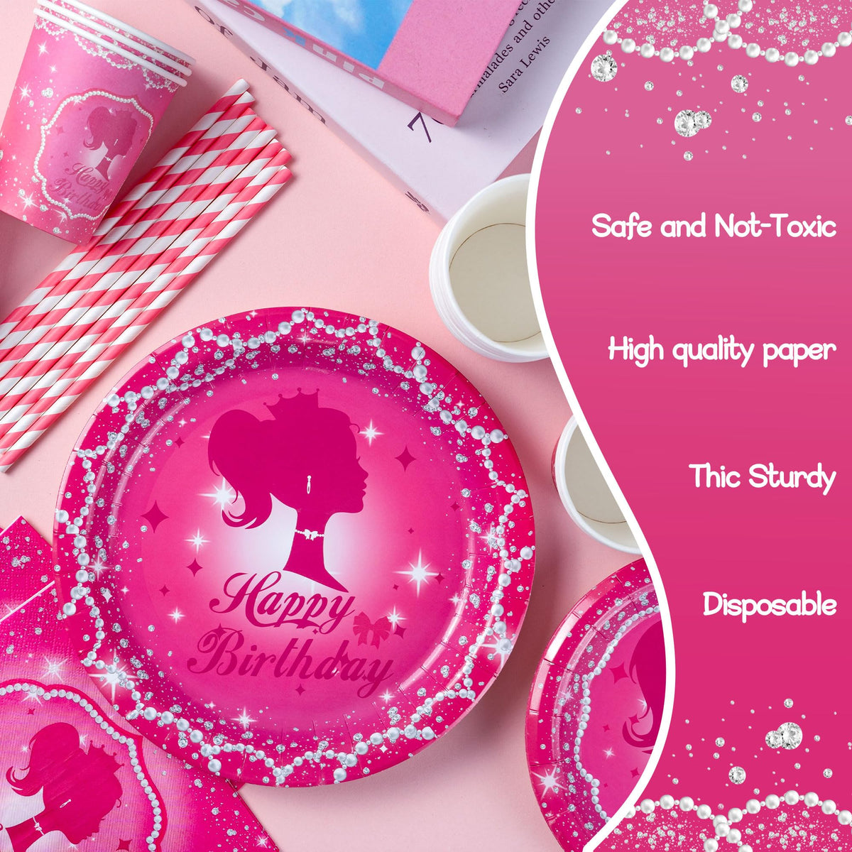 162 Piece Hot Pink Birthday Tableware Set for 20 Guests - JOLJUMP Official Imagery - 5
