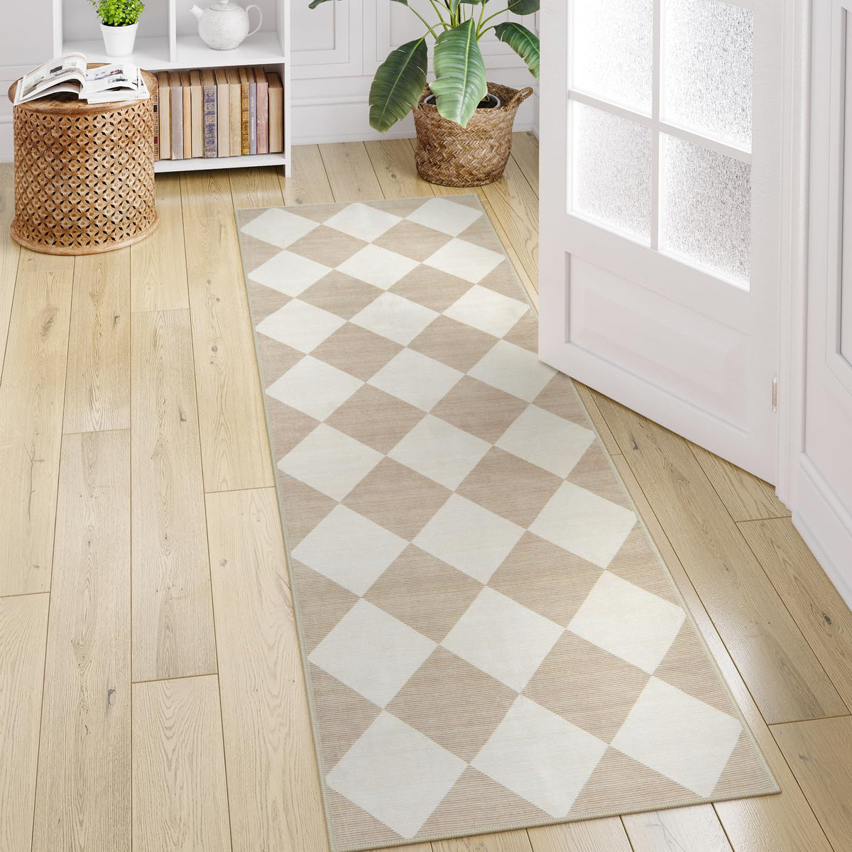 Checkered Print Carpet Runners for Hallway 6ft Beige Ultra - Beeiva Official Imagery - 4