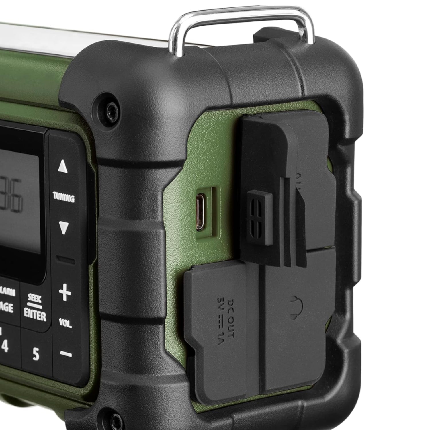 Sangean MMR-99 emergency radio with digital tuning, AM/FM, Bluetooth, AUX, weather alert, and multi-powered options.