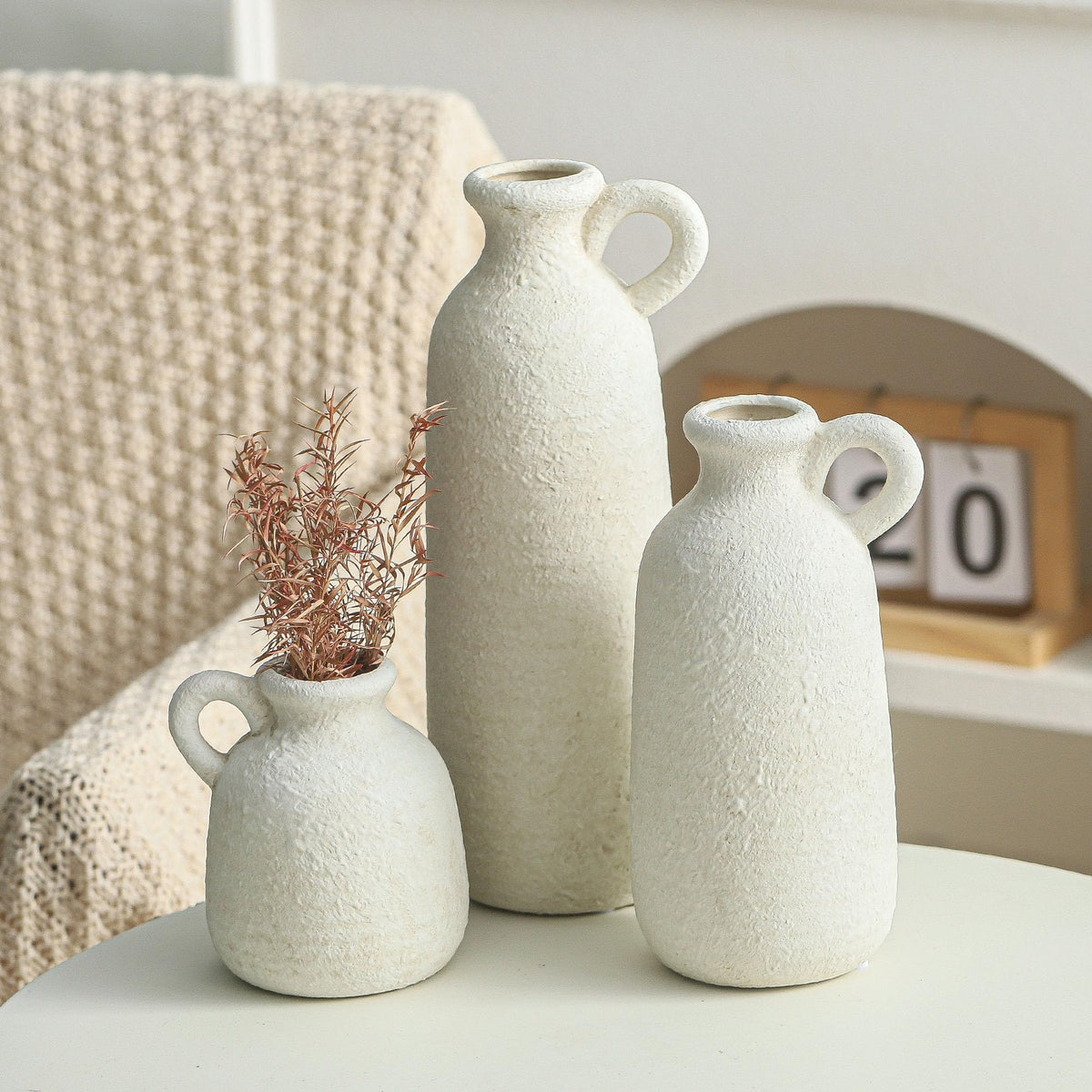Ceramic Vase Set of 3 with Handle Neutral Rustic Vases Home - ooit Official Imagery - 5